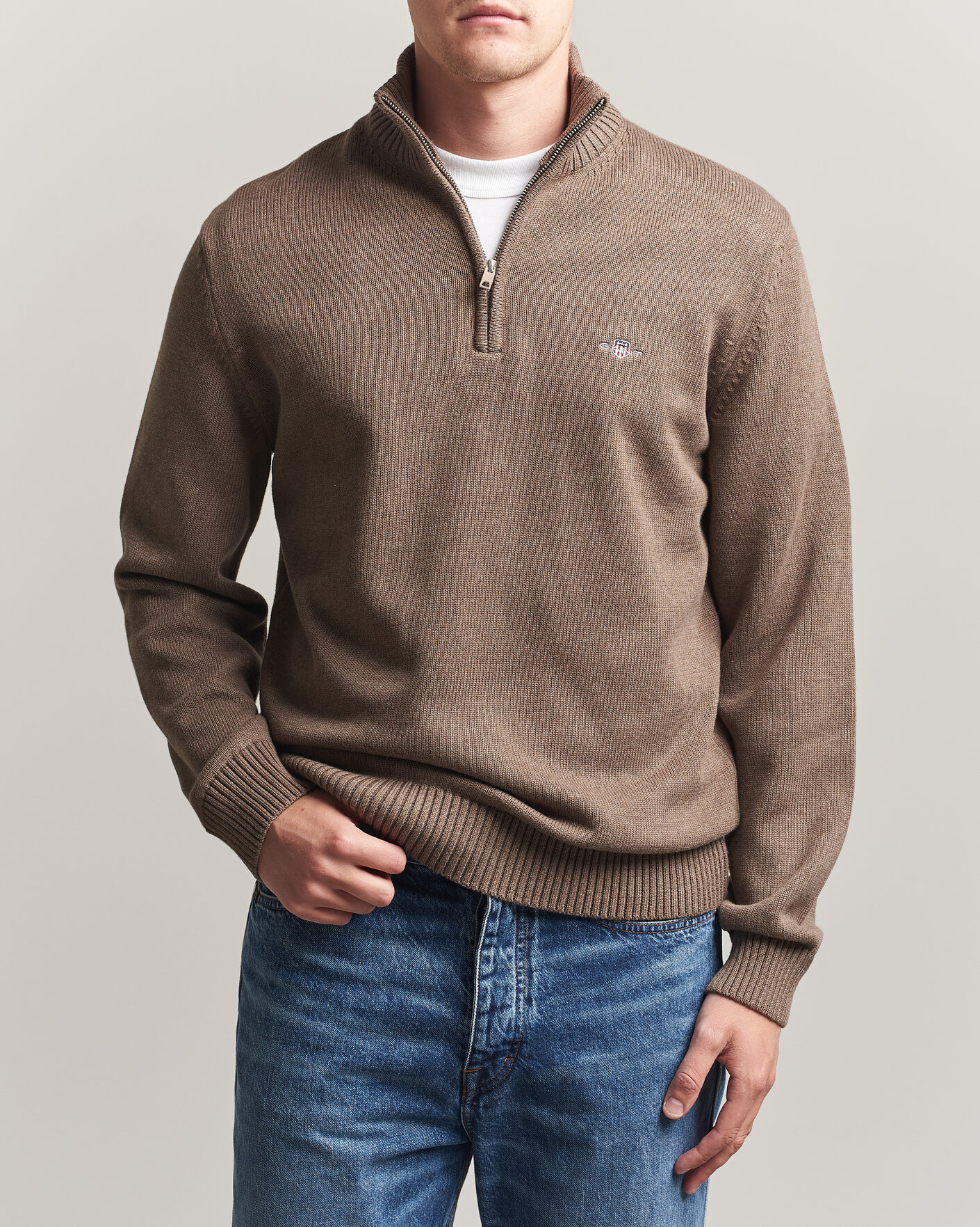 Men | Sweaters & Knitwear | Gant | Casual Cotton Knitted Half Zip Dark Hazelnut Melange