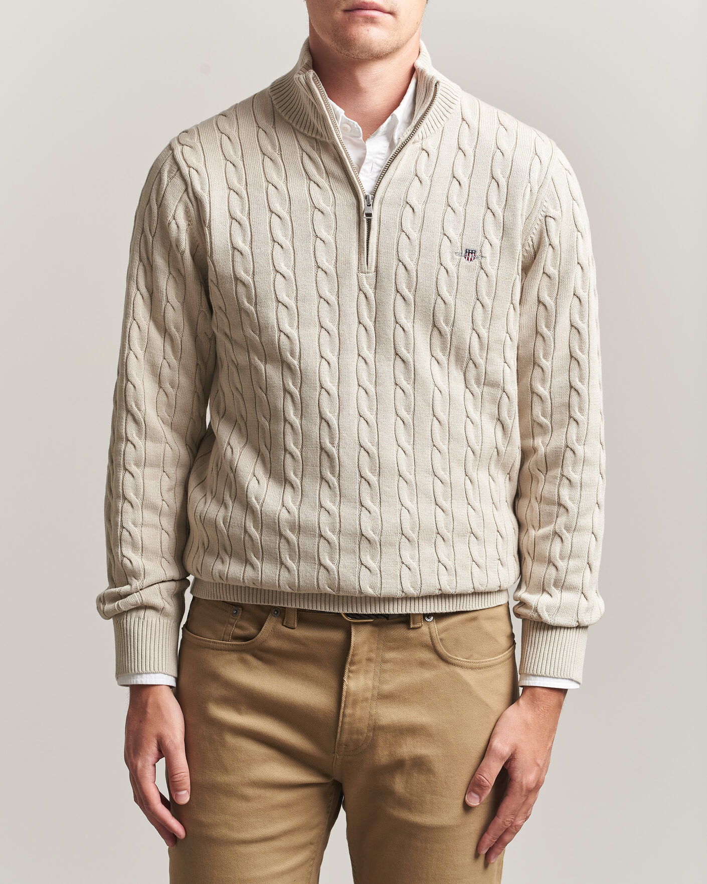 Men | Sweaters & Knitwear | Gant | Cotton Cable Half Zip Clay Beige
