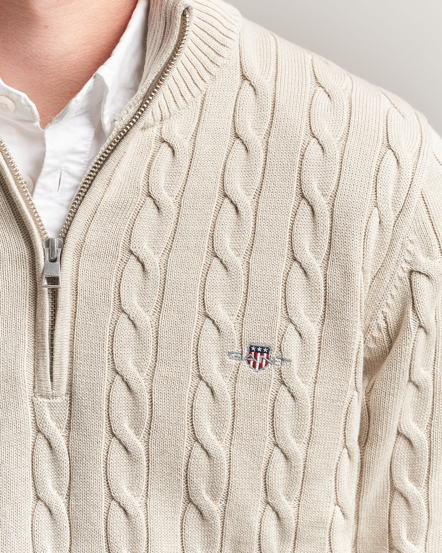Men | Sweaters & Knitwear | Gant | Cotton Cable Half Zip Clay Beige