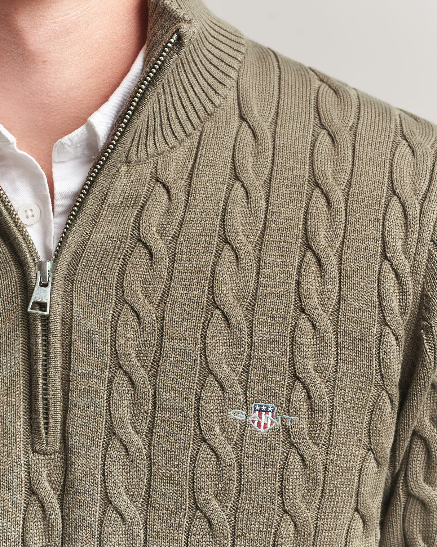 Men | Sweaters & Knitwear | Gant | Cotton Cable Half Zip Faded Taupe