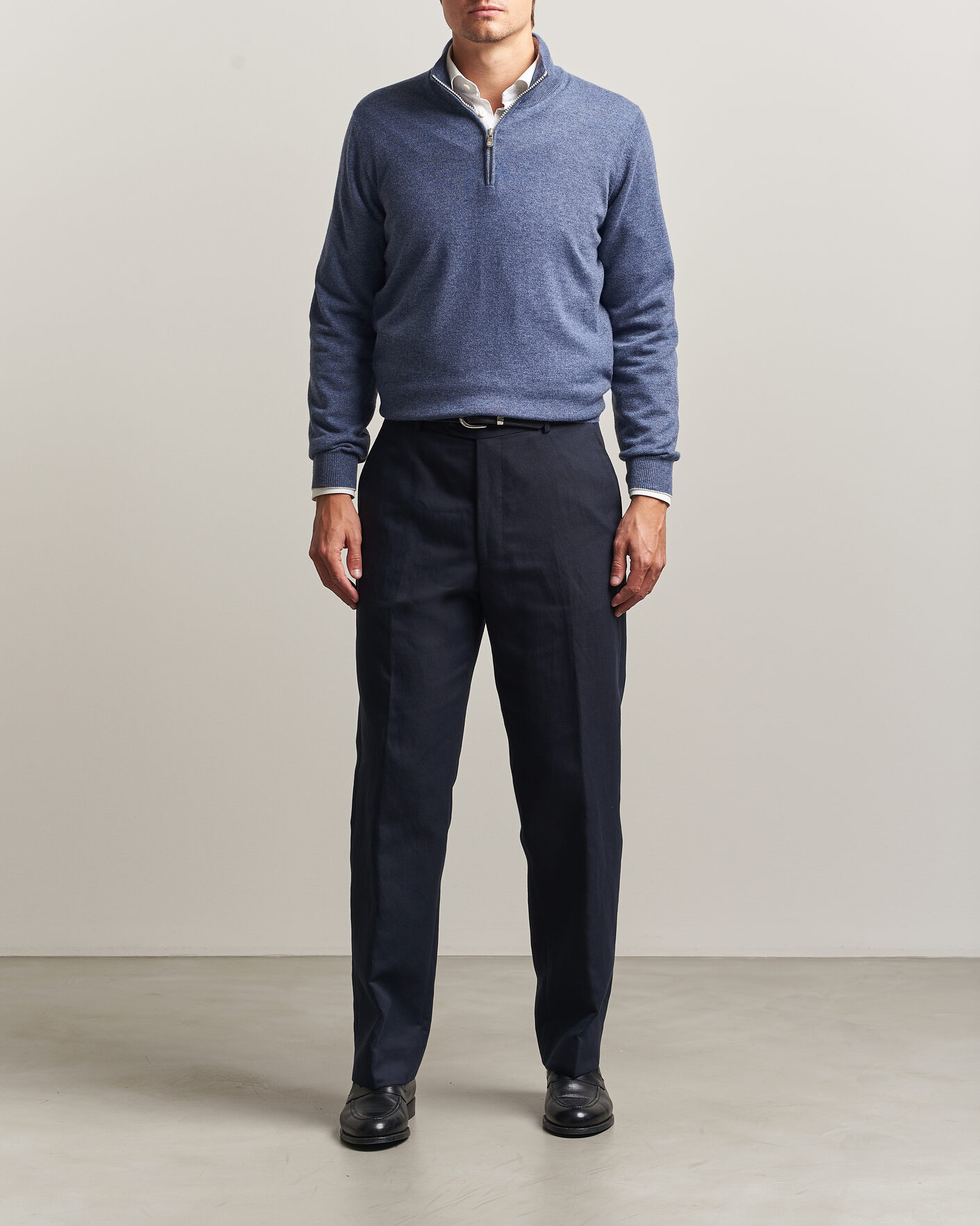 Brunello Cucinelli 2 Ply Cashmere Half Zip Denim Blue at