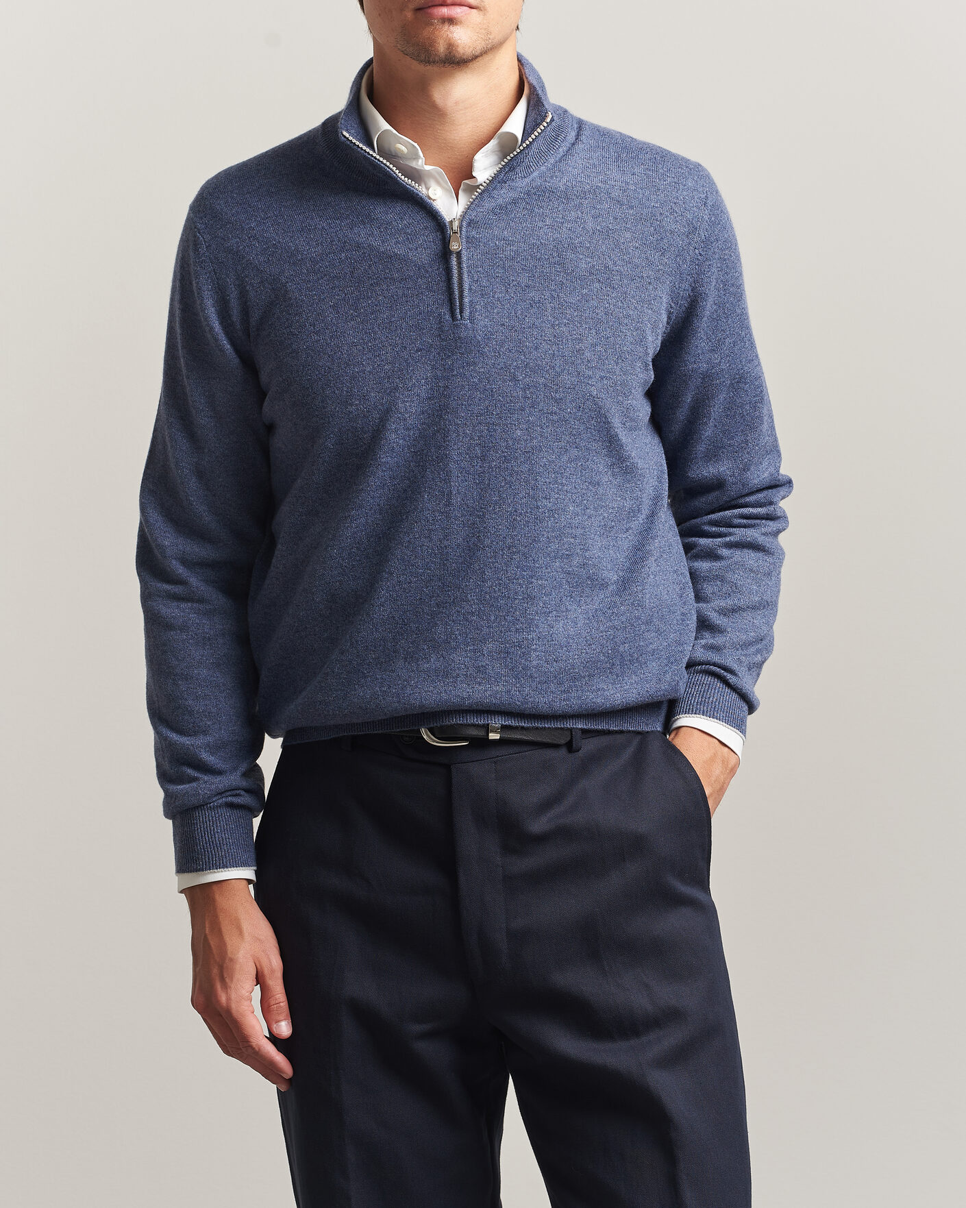 Brunello Cucinelli 2 Ply Cashmere Half Zip Denim Blue at
