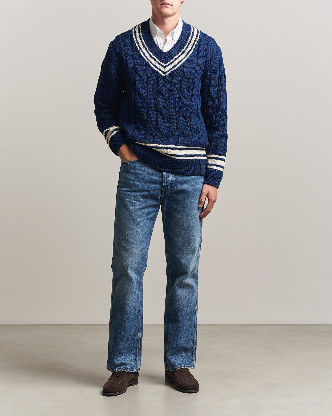 Men | Sweaters & Knitwear | Gant | Mercerized Cotton Knitted Cable V-Neck Persian Blue