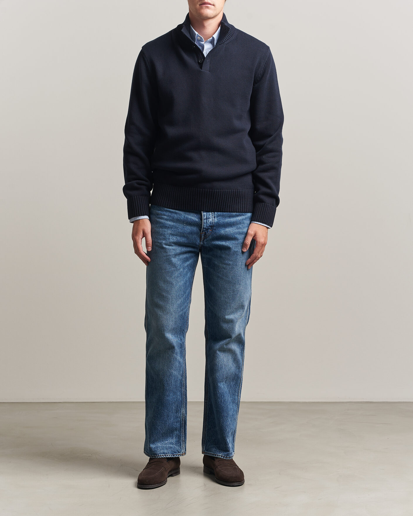 Men | Sweaters & Knitwear | Gant | Supima Cotton Half Buttoned Neck Evening Blue