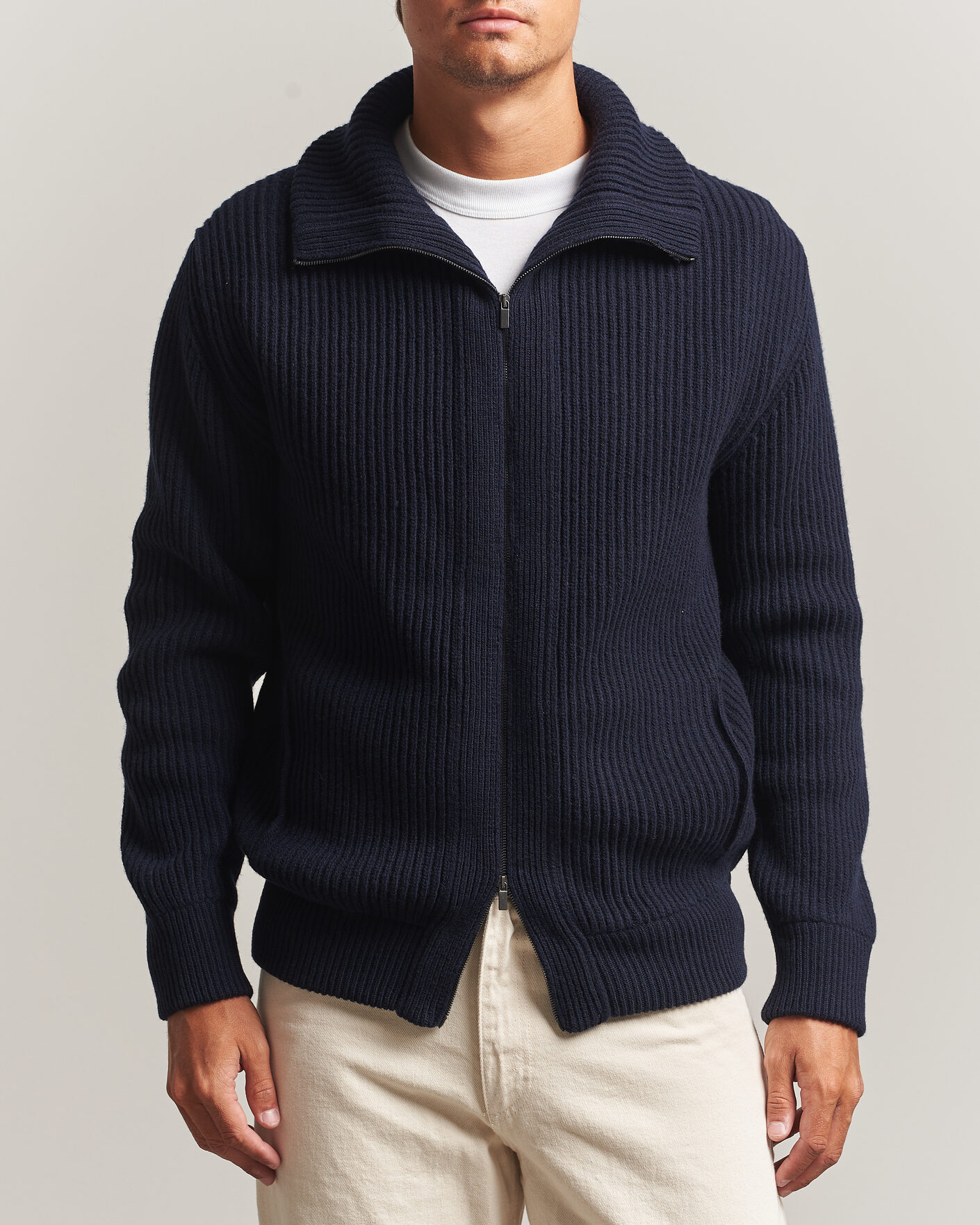 Men | Sweaters & Knitwear | Altea | Rib Wool Bomber Cardigan Navy