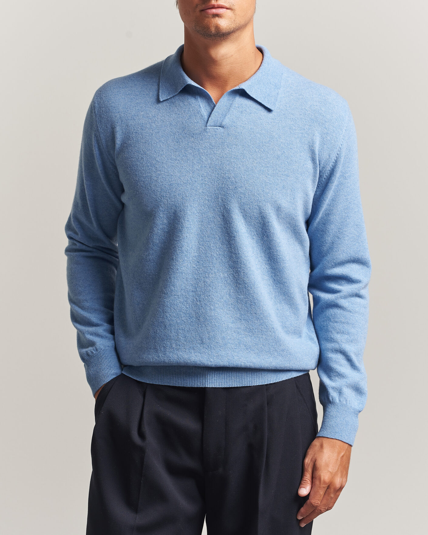 Men | Sweaters & Knitwear | Altea | Long Sleeve Knitted Polo Sky Blue