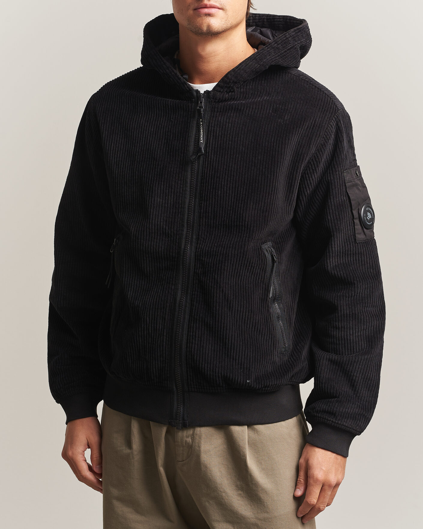 Men | Coats & Jackets | C.P. Company | Light Padded Hood Corduroy Jacket Black