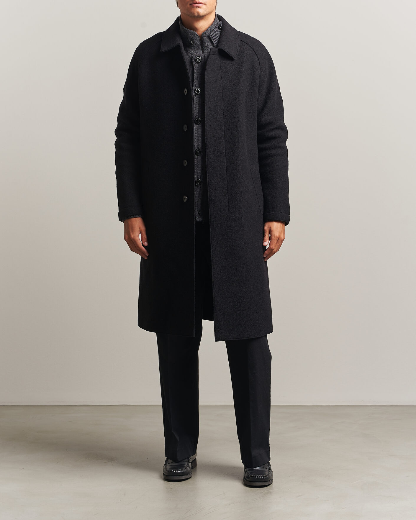 Men | Coats & Jackets | Harris Wharf London | Boiled Wool Fly Front Balmacan Coat Black