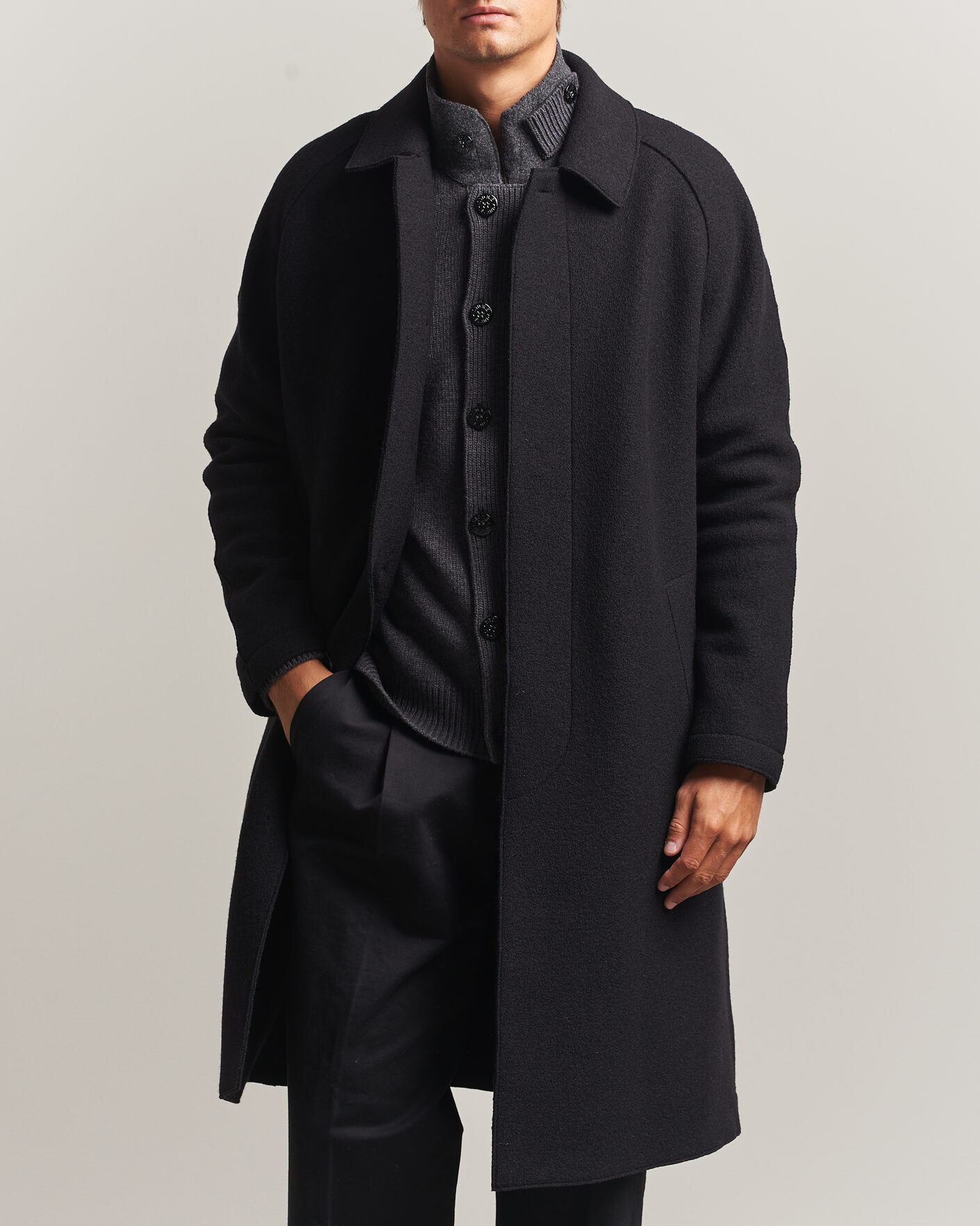 Men | Coats & Jackets | Harris Wharf London | Boiled Wool Fly Front Balmacan Coat Black