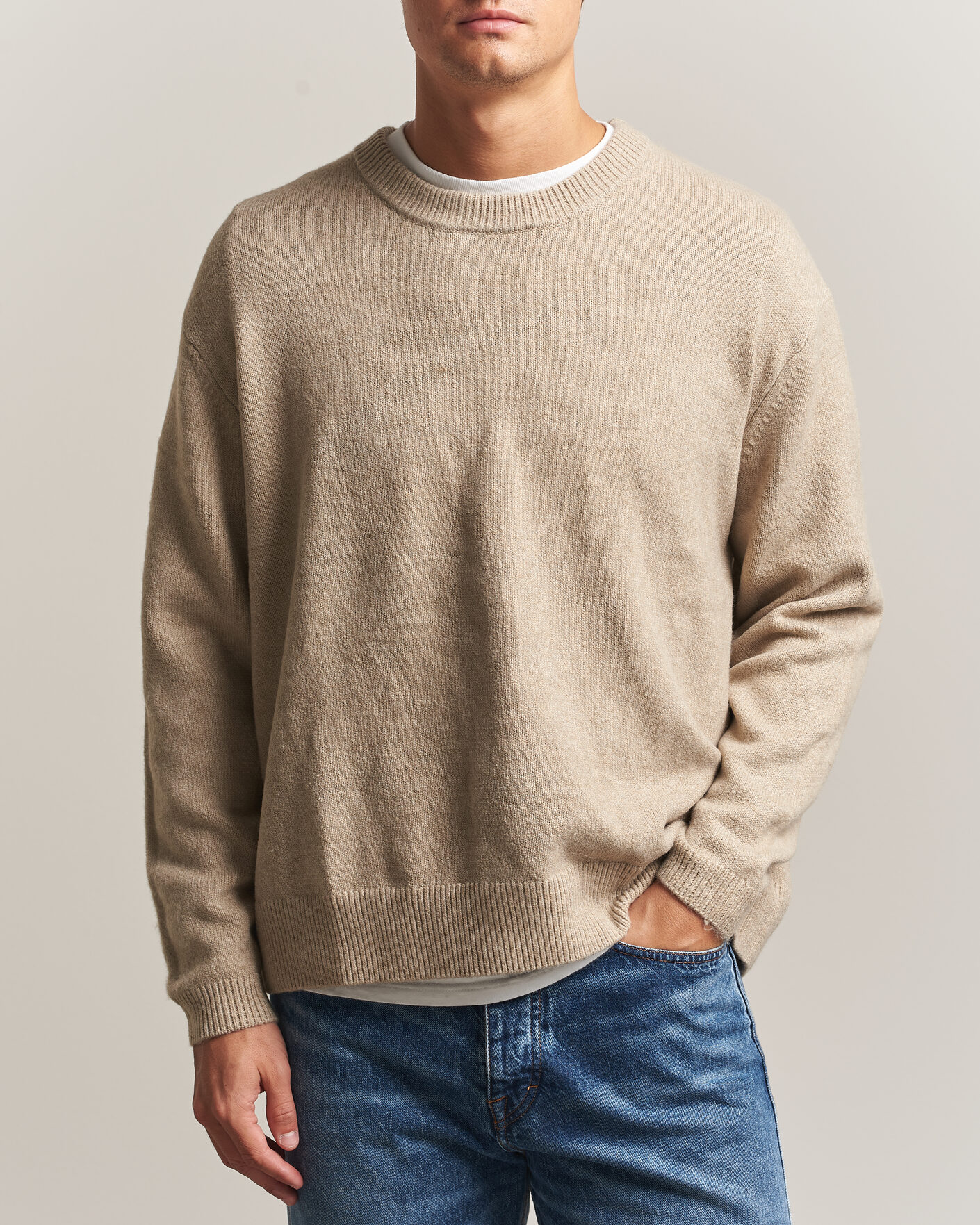 Men | Sweaters & Knitwear | KnowledgeCotton Apparel | Knitted Crewneck Feather Grey