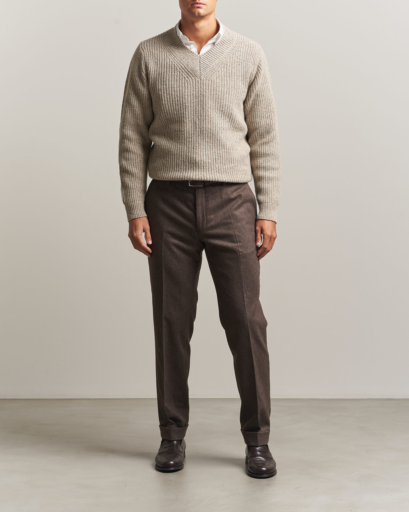 Men | Sweaters & Knitwear | Morgano | Fisherman Ribb Donegal Knitted V-Neck Beige
