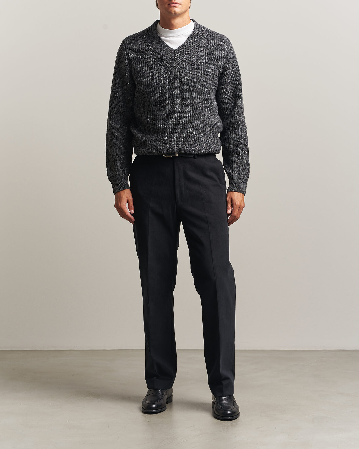 Men | Sweaters & Knitwear | Morgano | Fisherman Ribb Donegal Knitted V-Neck Dark Grey