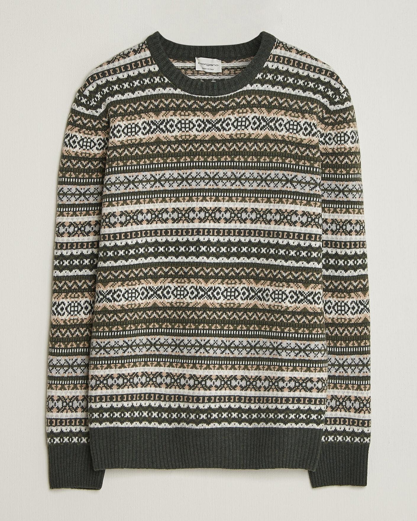 Men | Sweaters & Knitwear | Morgano | Wool/Cashmere Fair Isle Knitted Crewneck Green