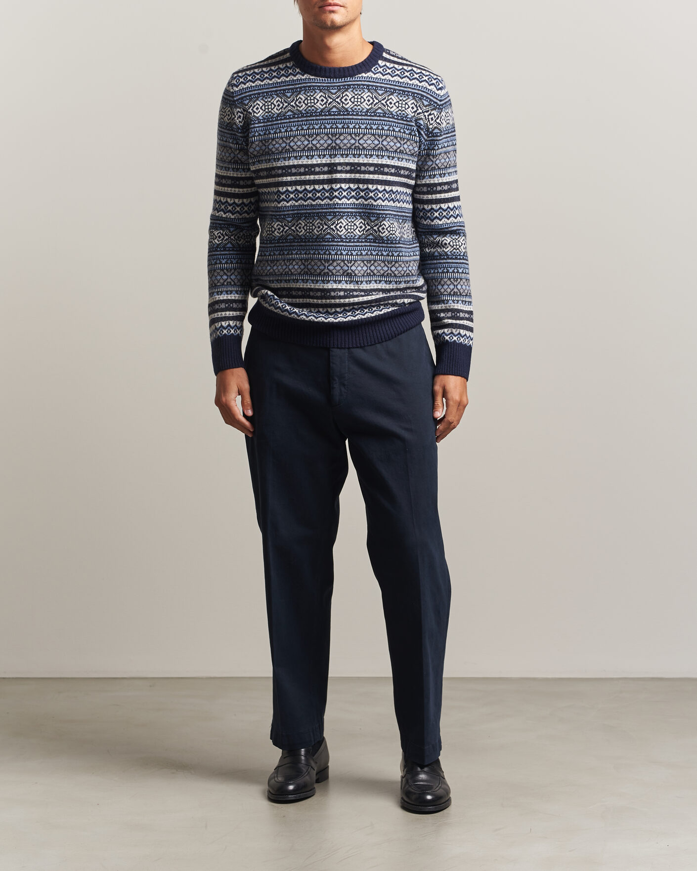 Men | Sweaters & Knitwear | Morgano | Wool/Cashmere Fair Isle Knitted Crewneck Navy