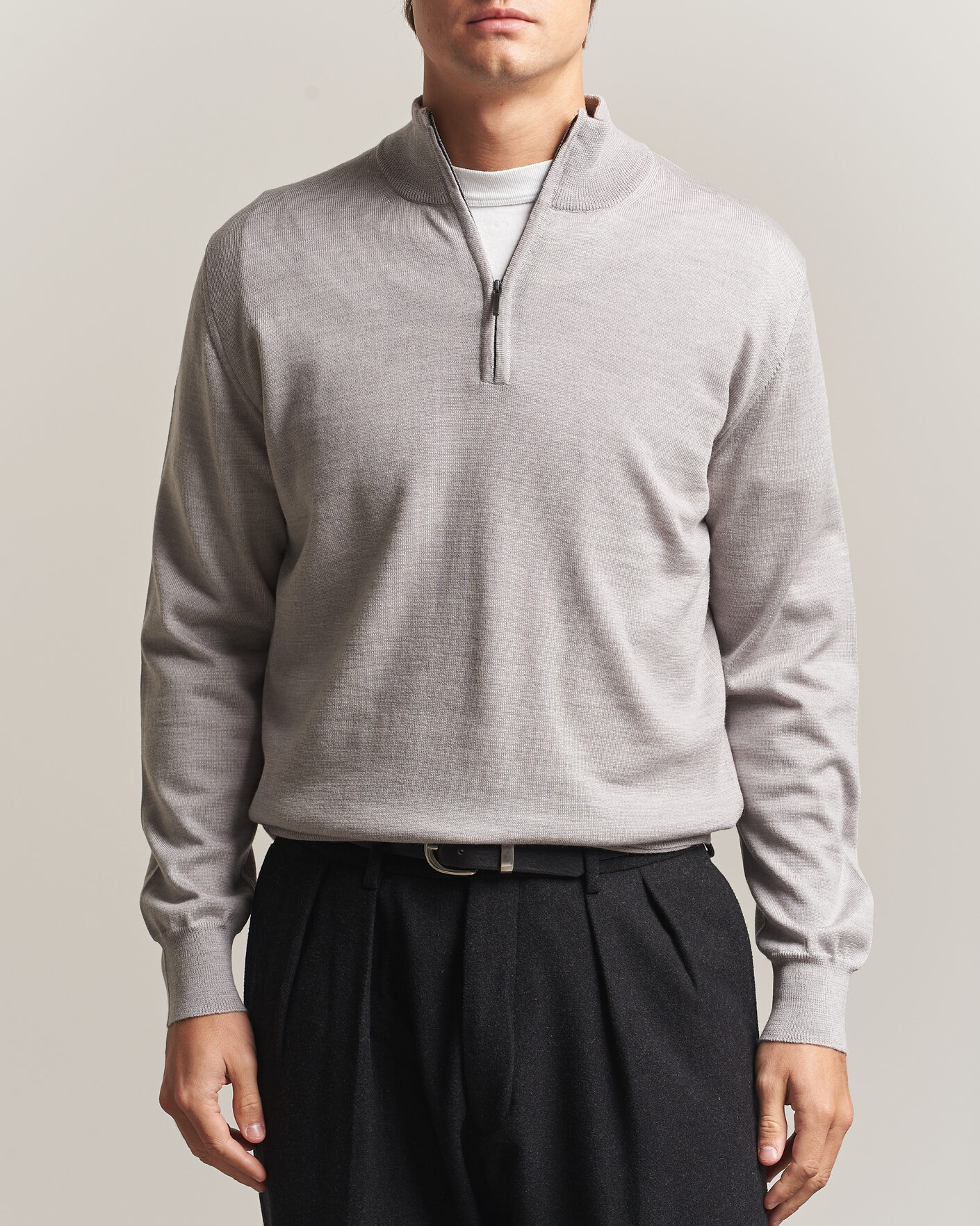 Men | Sweaters & Knitwear | Morgano | Extra Fine Merino Wool Half-Zip Light Grey
