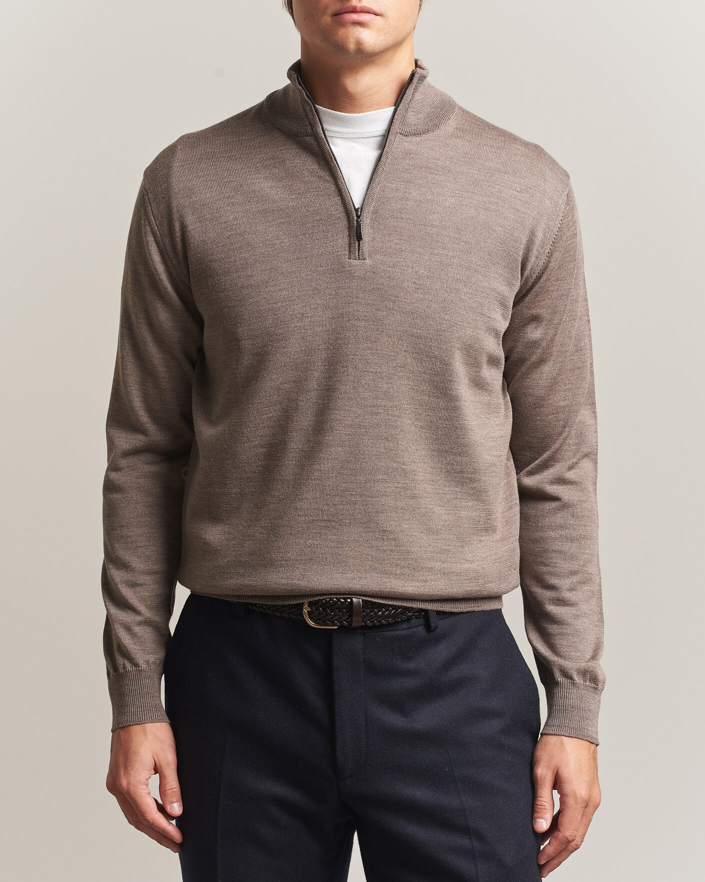 Men | Sweaters & Knitwear | Morgano | Extra Fine Merino Wool Half-Zip Mid Brown