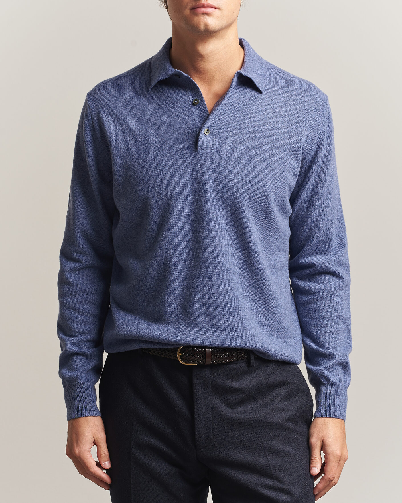 Men | Sweaters & Knitwear | Morgano | Wool/Cashmere Polo Mid Blue