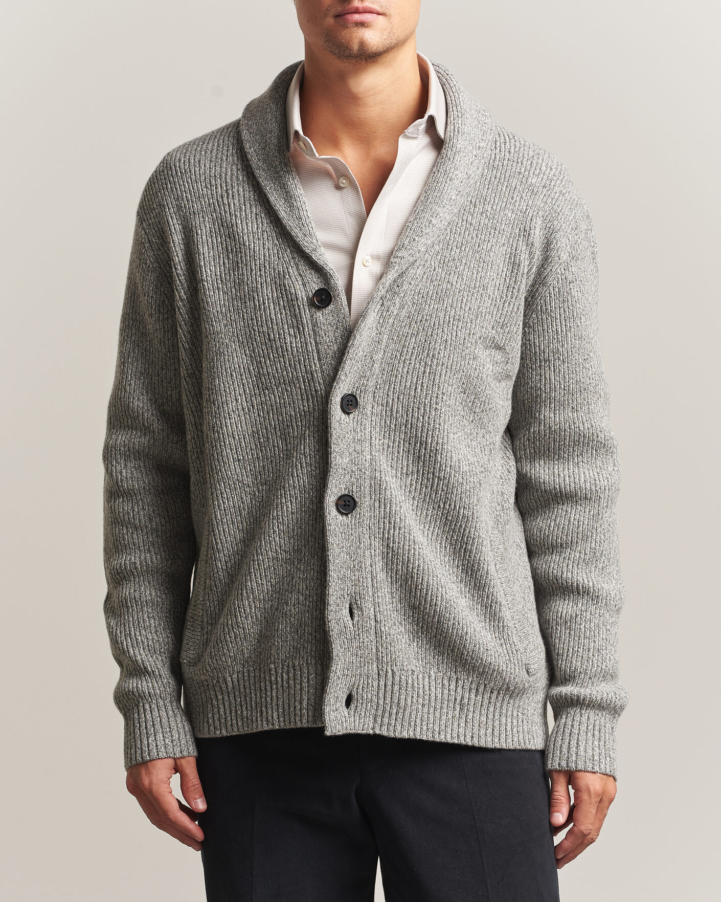 Men | Sweaters & Knitwear | Charles Tyrwhitt | Chunky Merino Shawl Neck Cardigan Grey