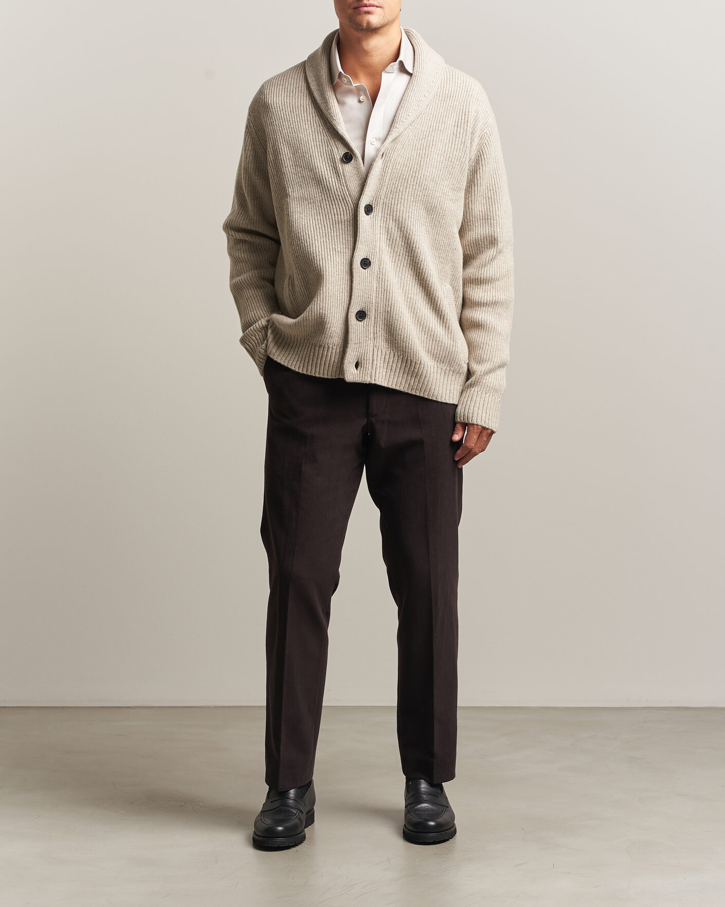 Men | Sweaters & Knitwear | Charles Tyrwhitt | Chunky Merino Shawl Neck Cardigan Oat