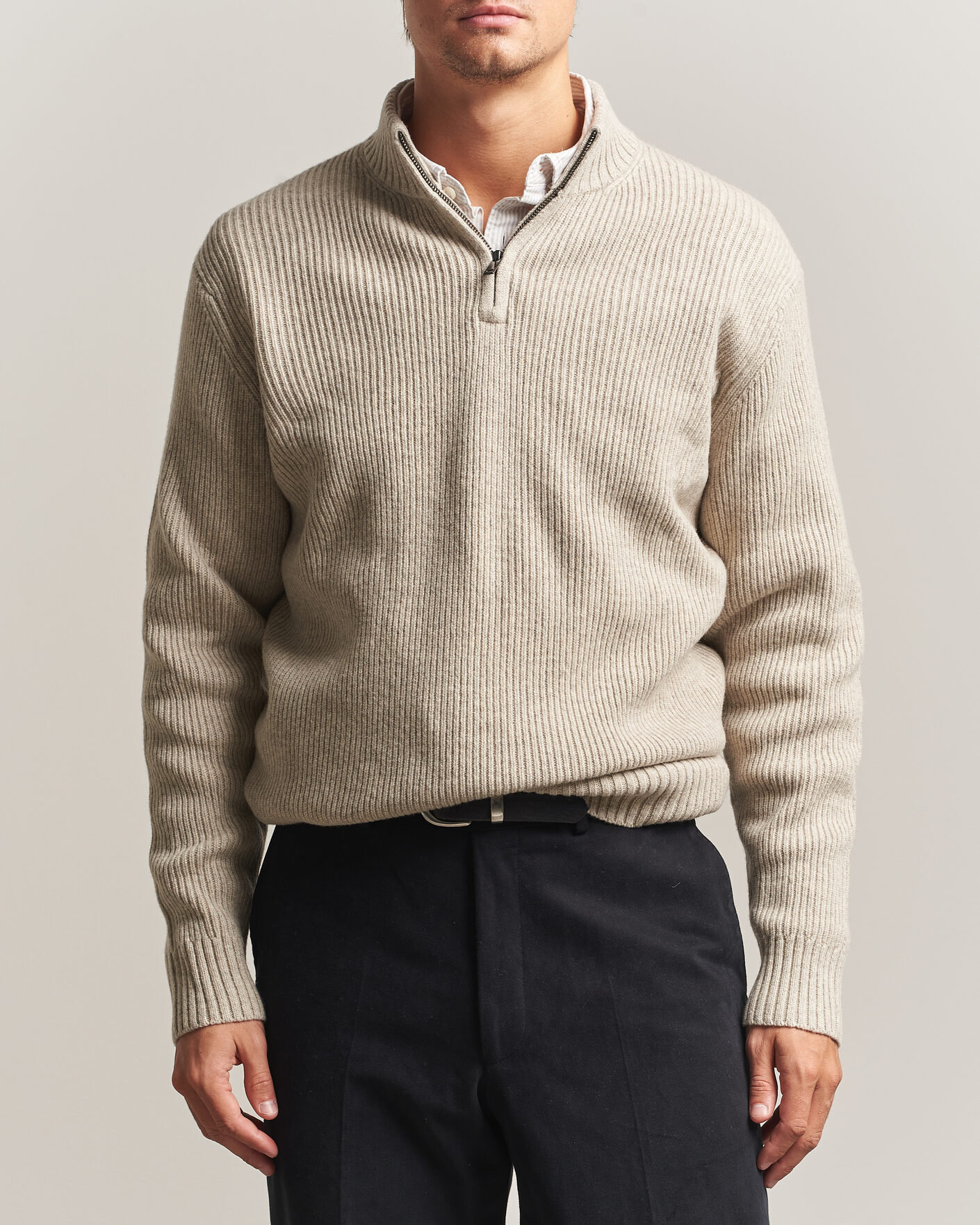 Men | Sweaters & Knitwear | Charles Tyrwhitt | Chunky Merino Zip Neck Oat