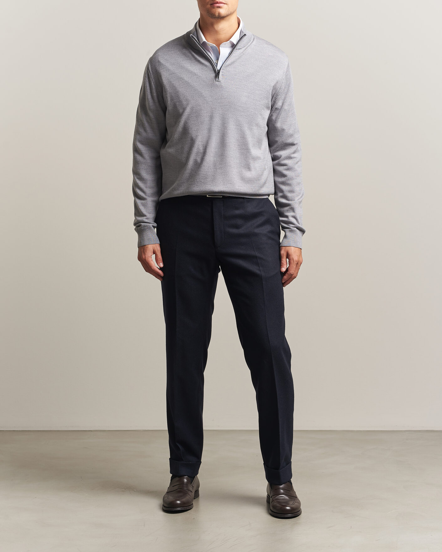 Men | Sweaters & Knitwear | Charles Tyrwhitt | Pure Merino Zip Neck Jumper Light Grey