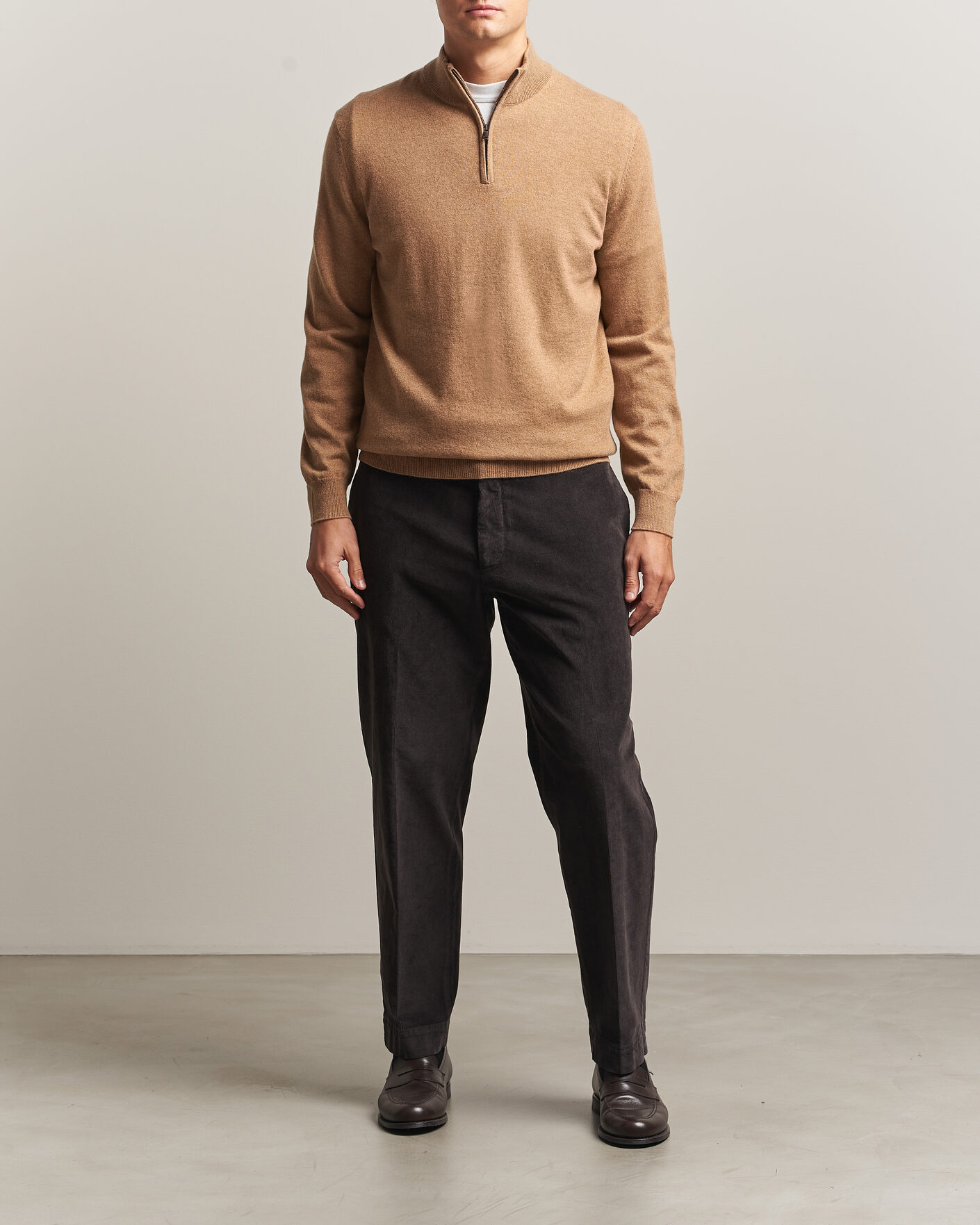 Men | Sweaters & Knitwear | Charles Tyrwhitt | Pure Cashmere Zip Neck Jumper Tan