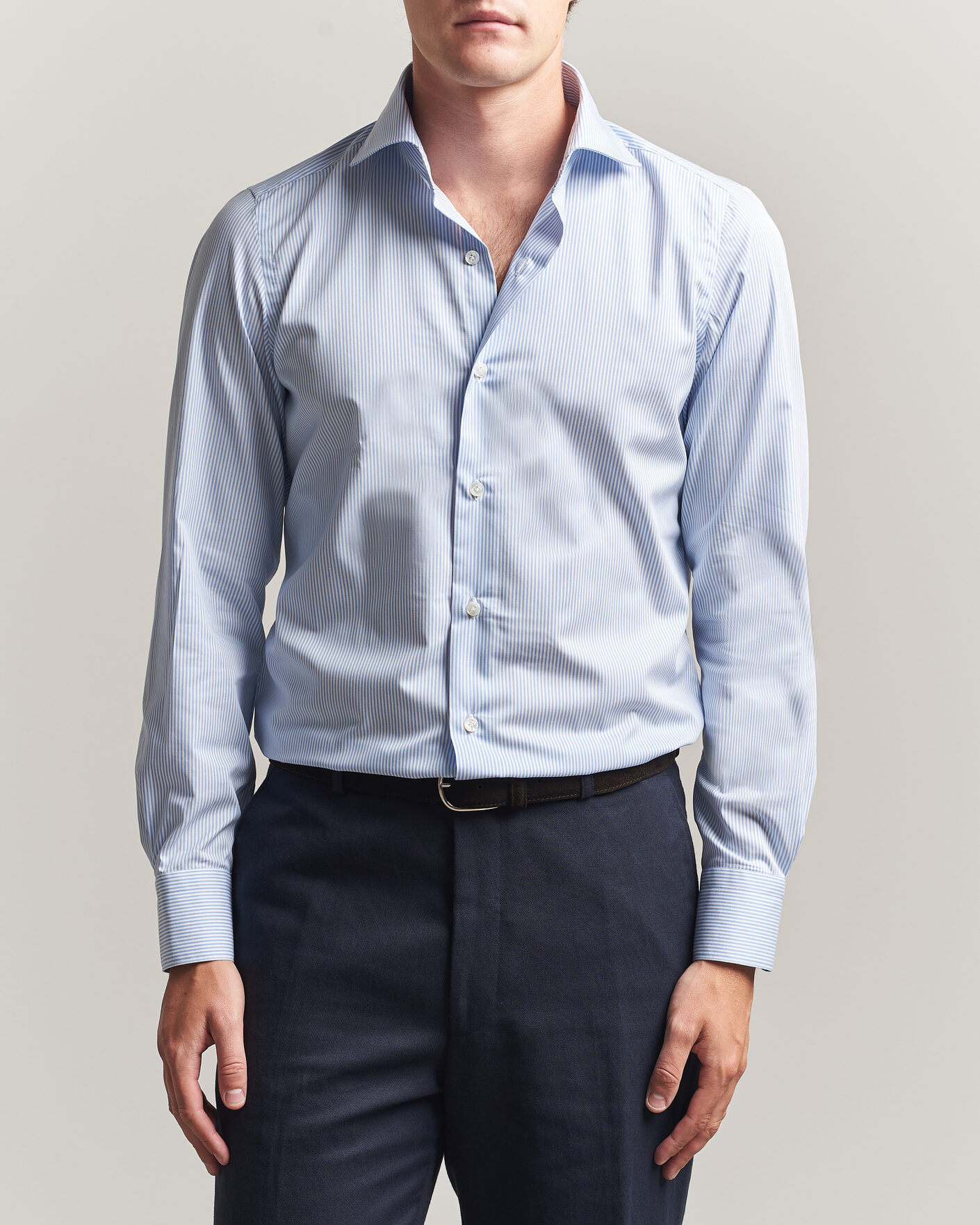 Men | Shirts | Finamore Napoli | Milano Slim Traveller Cotton Shirt Blue Stripe