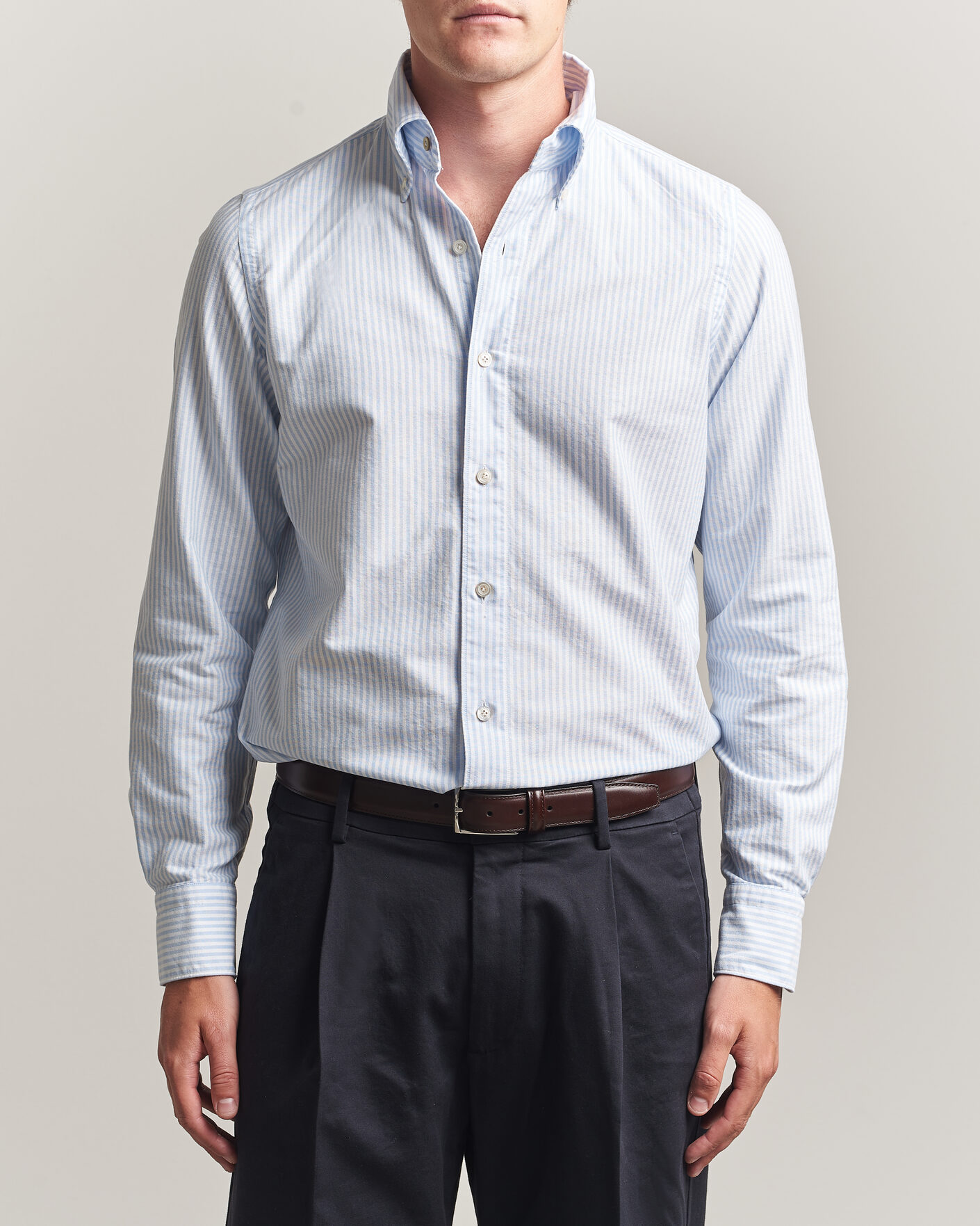 Men | Shirts | Finamore Napoli | Gaeta Oxford Button Down Shirt Light Blue Stripe