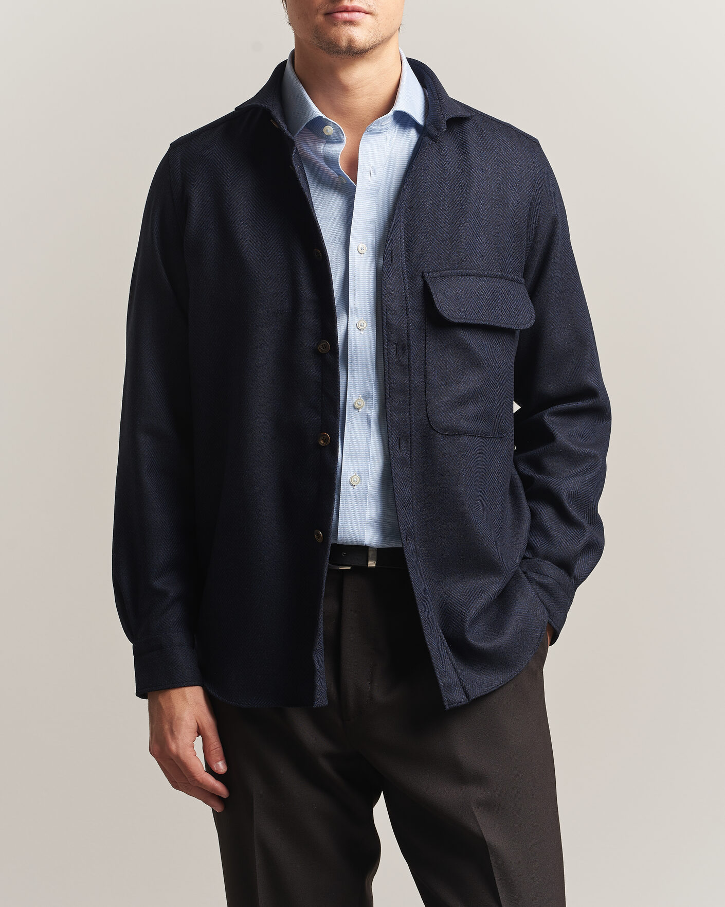 Men | Shirts | Finamore Napoli | Wool Herringbone Overshirt Navy