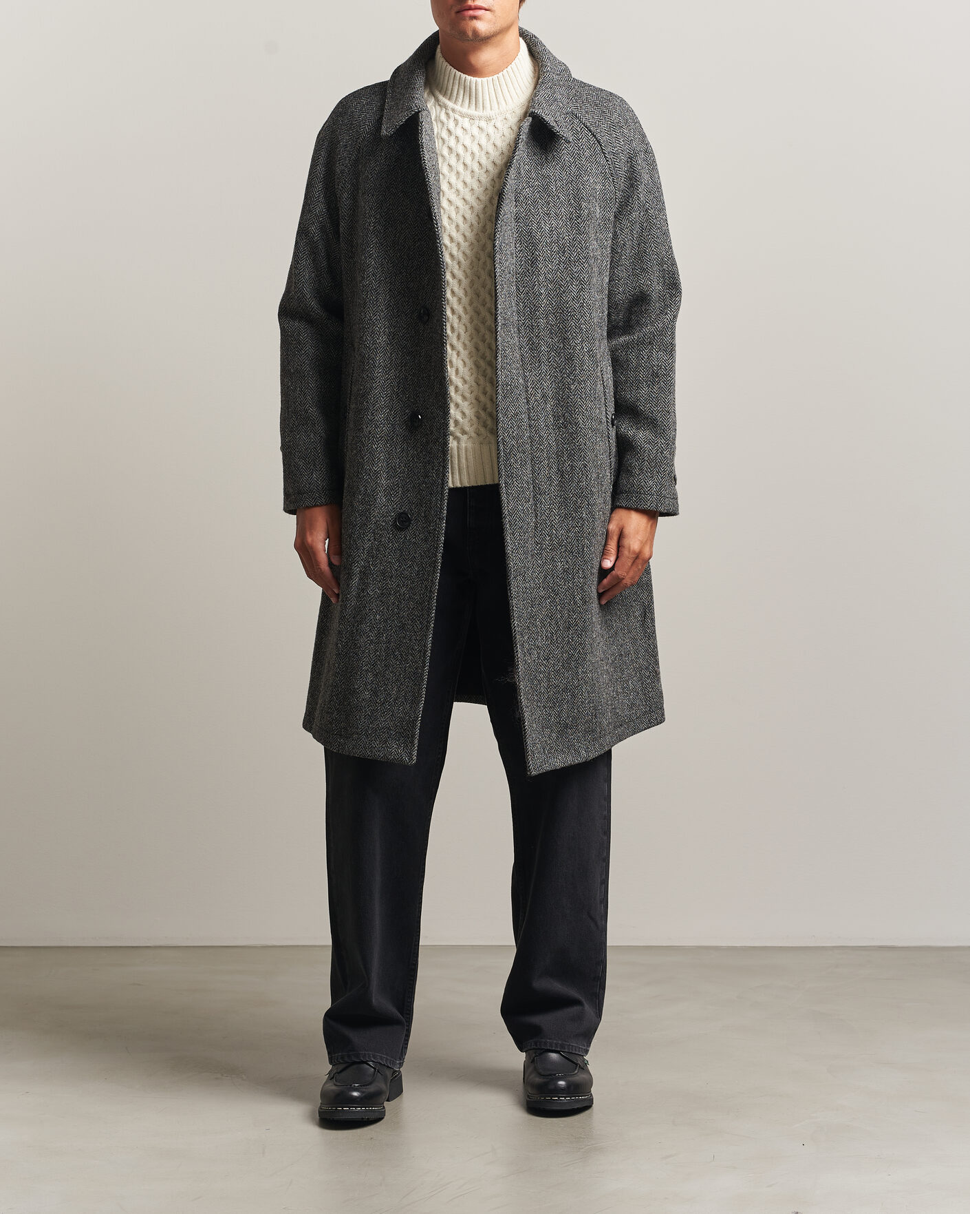 Men | Coats & Jackets | Gloverall | Hynes Harris Tweed Coat Charcoal Herringbone
