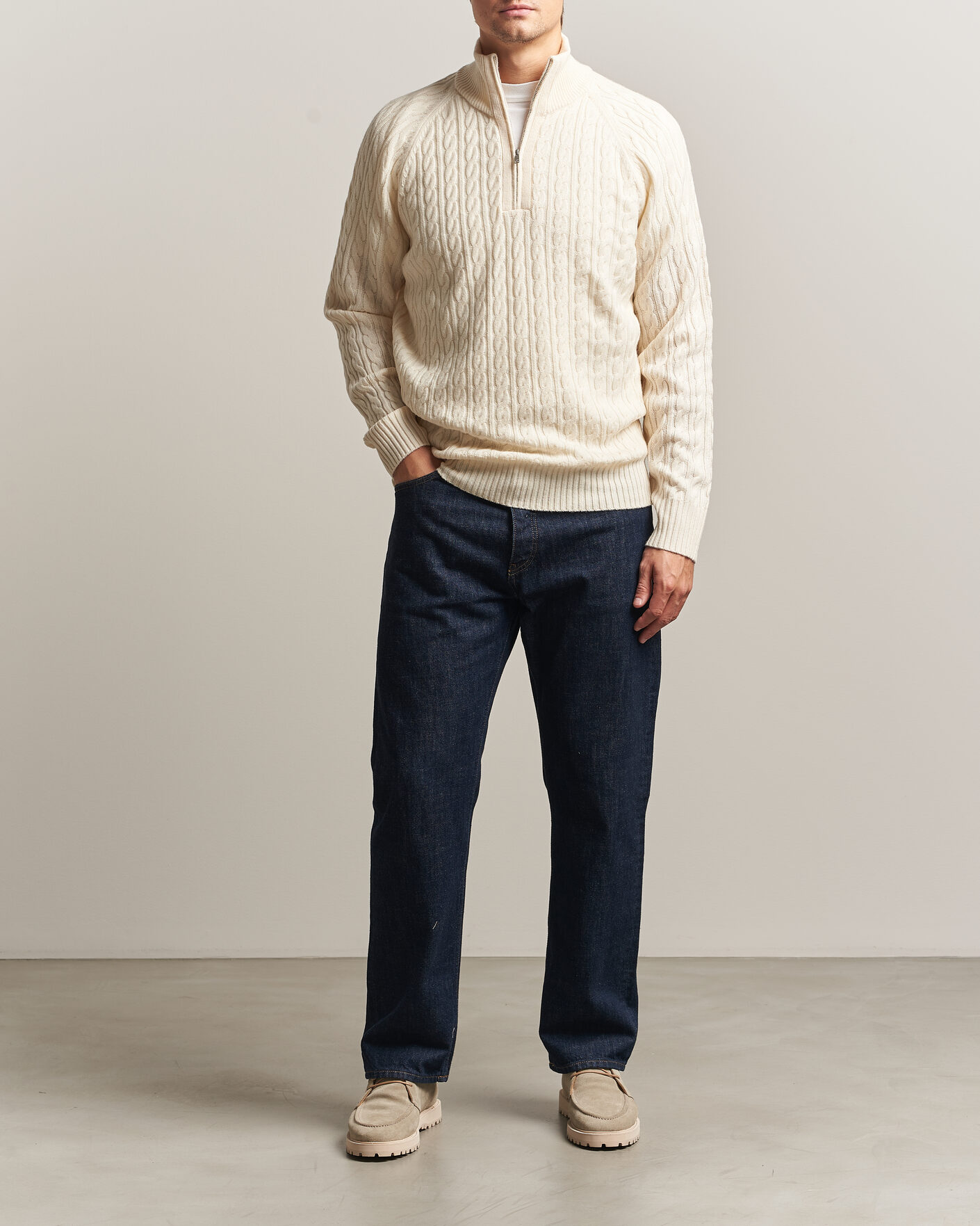 Men | Sweaters & Knitwear | BOSS BLACK | Furore Wool/Cashmere Cable Half Zip Open White