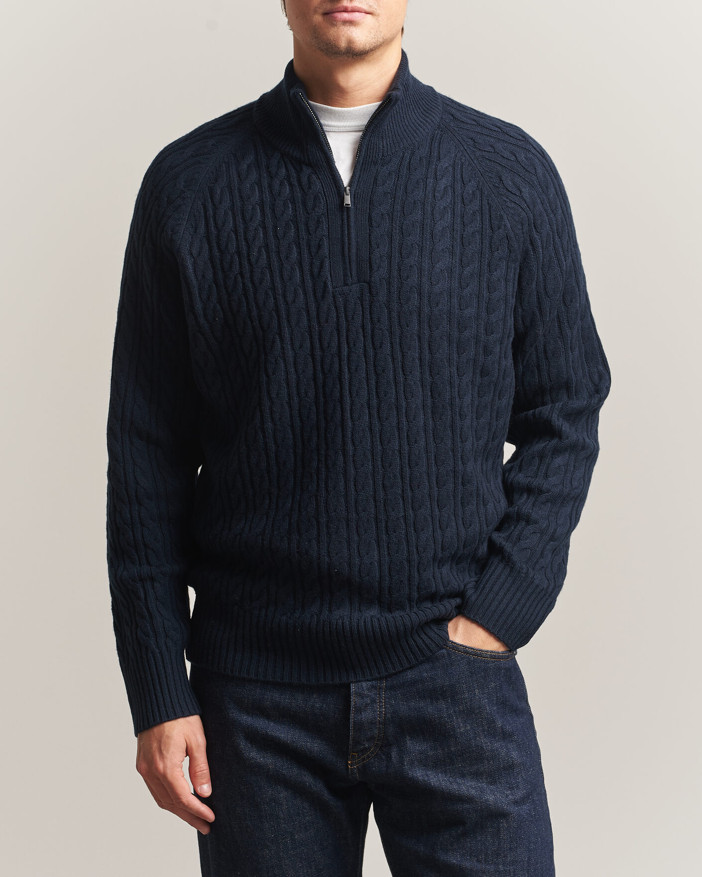 Men | Sweaters & Knitwear | BOSS BLACK | Furore Wool/Cashmere Cable Half Zip Dark Blue