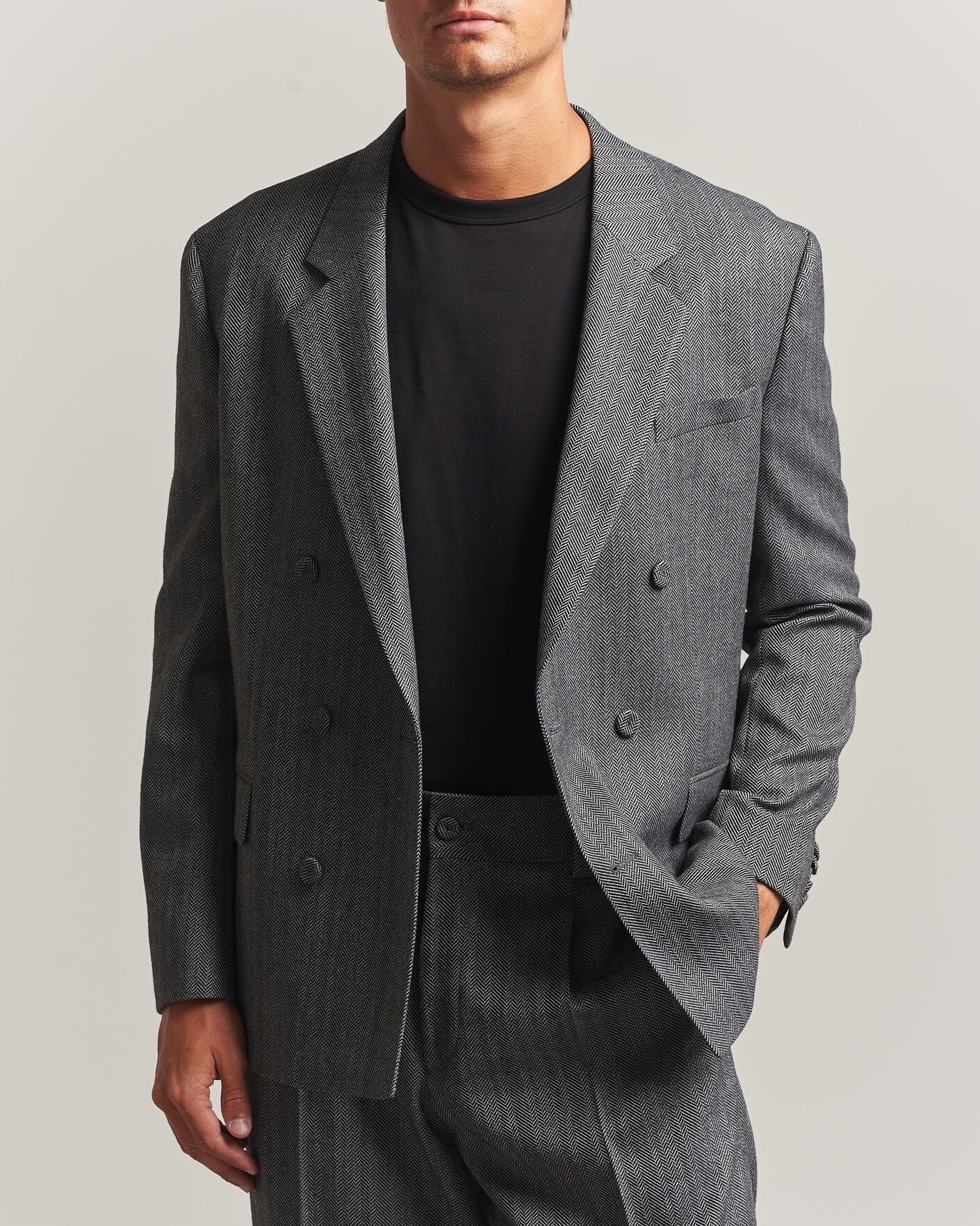 Men | Blazers | HUGO | Karlo Herringbone Double Breasted Blazer Dark Grey