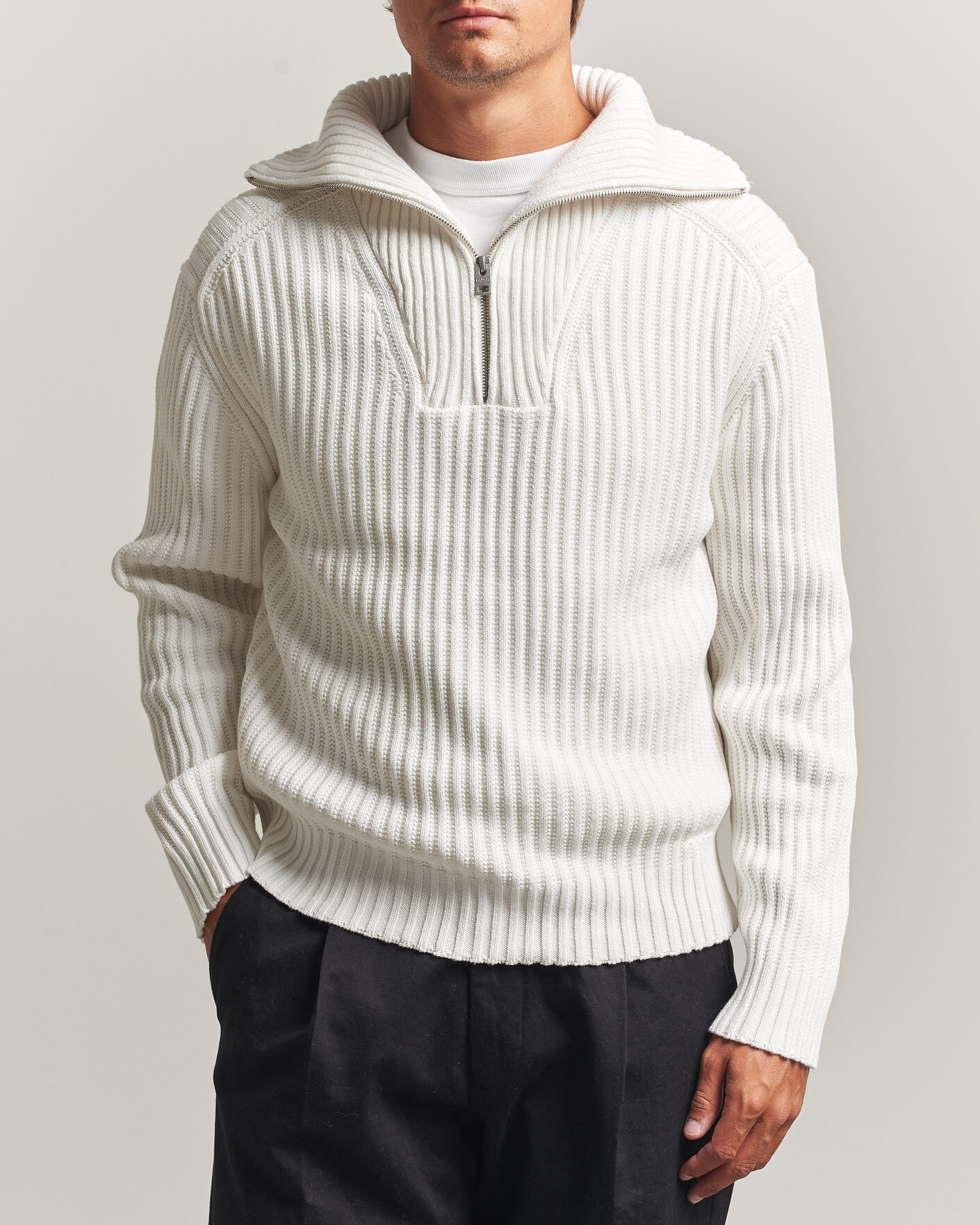 Men | Sweaters & Knitwear | HUGO | Srtithon Cotton Knitted Half Zip Natural