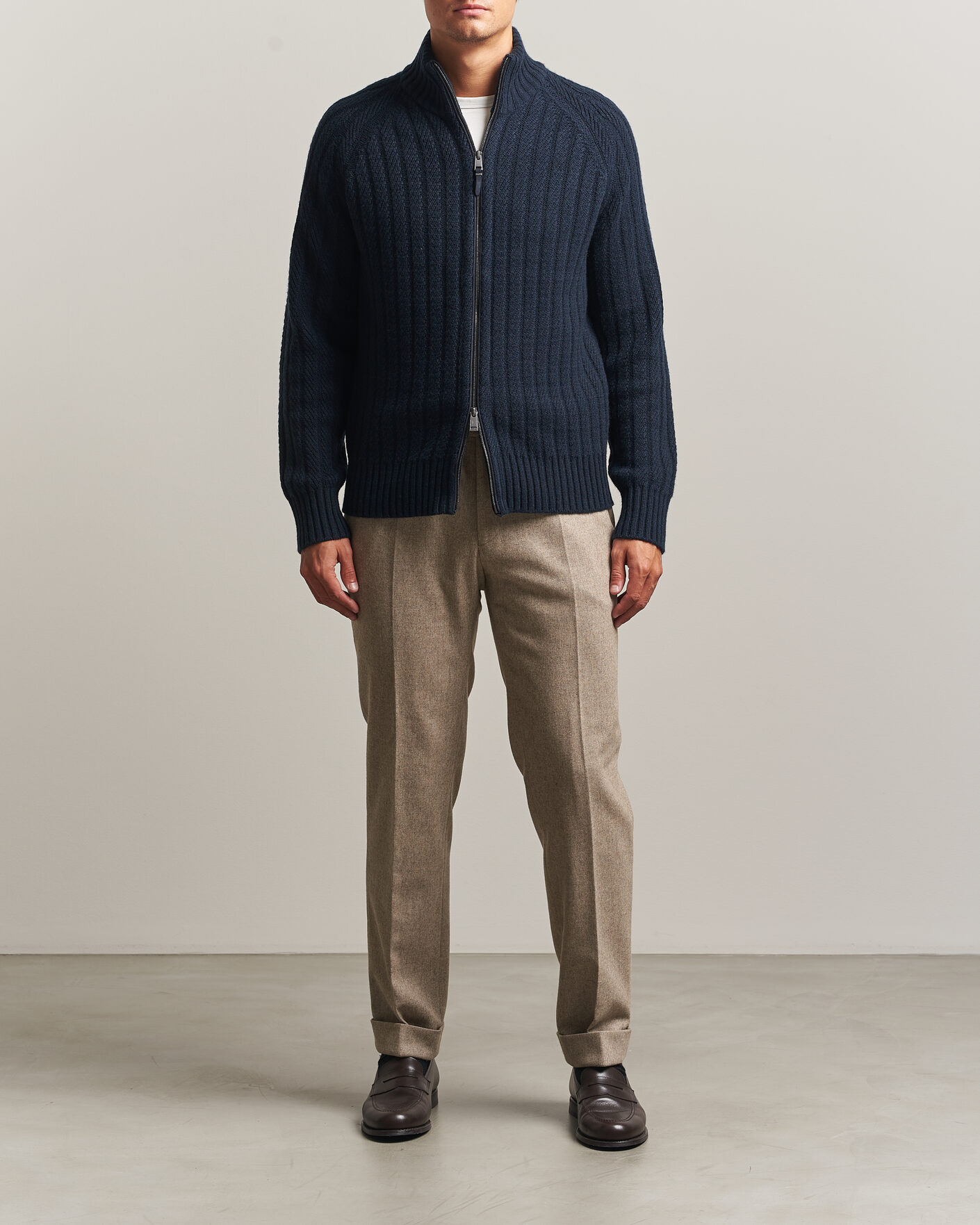 Men | Sweaters & Knitwear | BOSS CAMEL | Filane Wool Knitted Full Zip Dark Blue