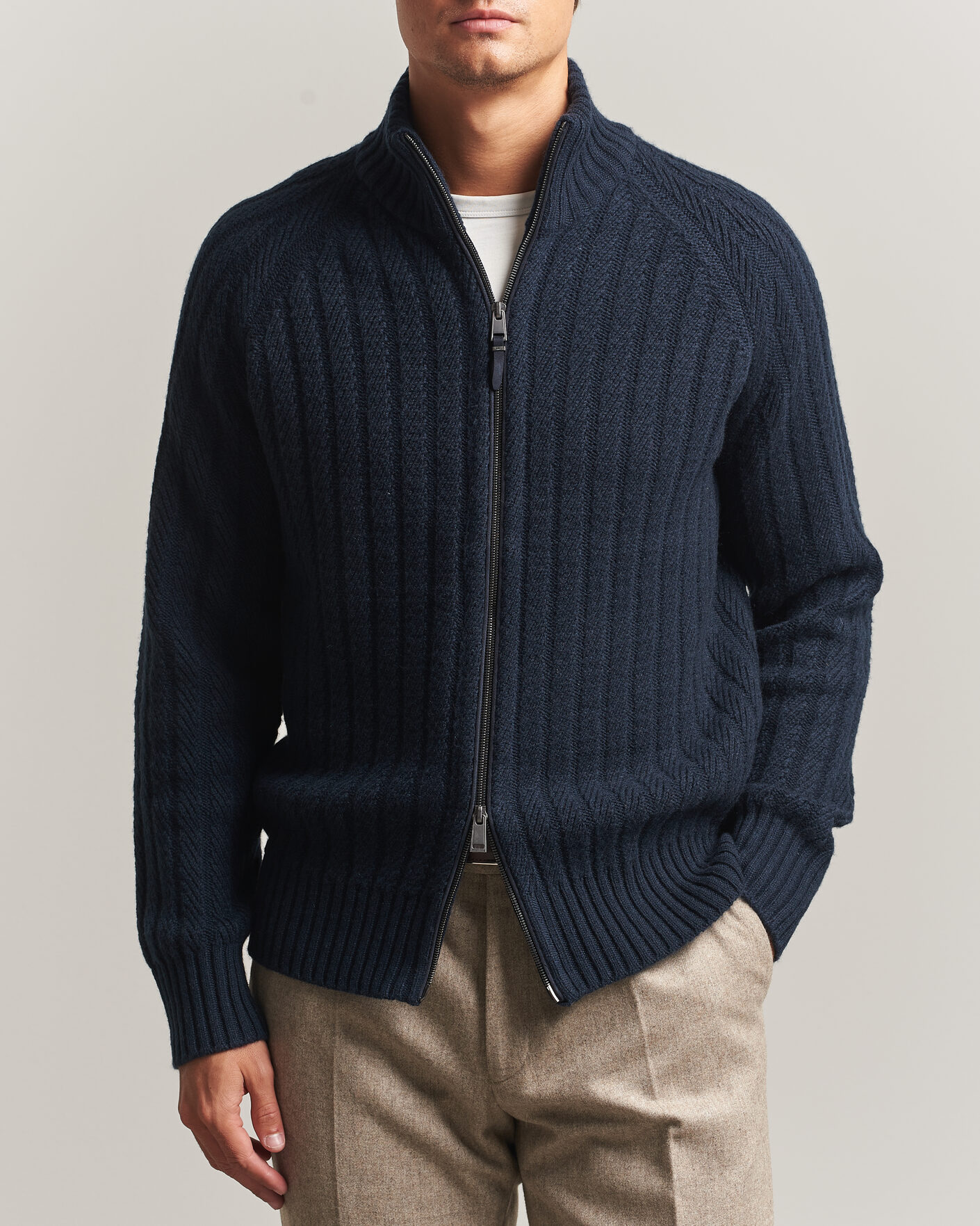 Men | Sweaters & Knitwear | BOSS CAMEL | Filane Wool Knitted Full Zip Dark Blue