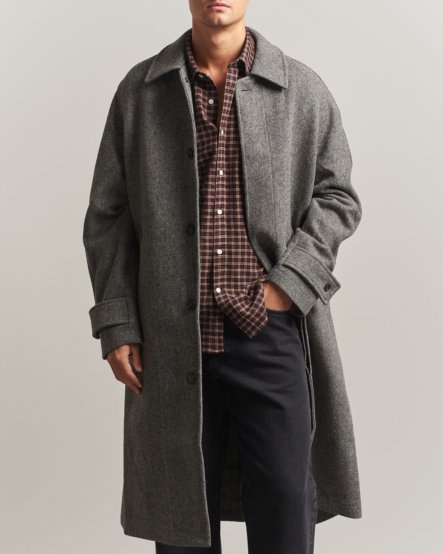Men | Coats & Jackets | Forét | Pine Wool Coat Grey Herringbone