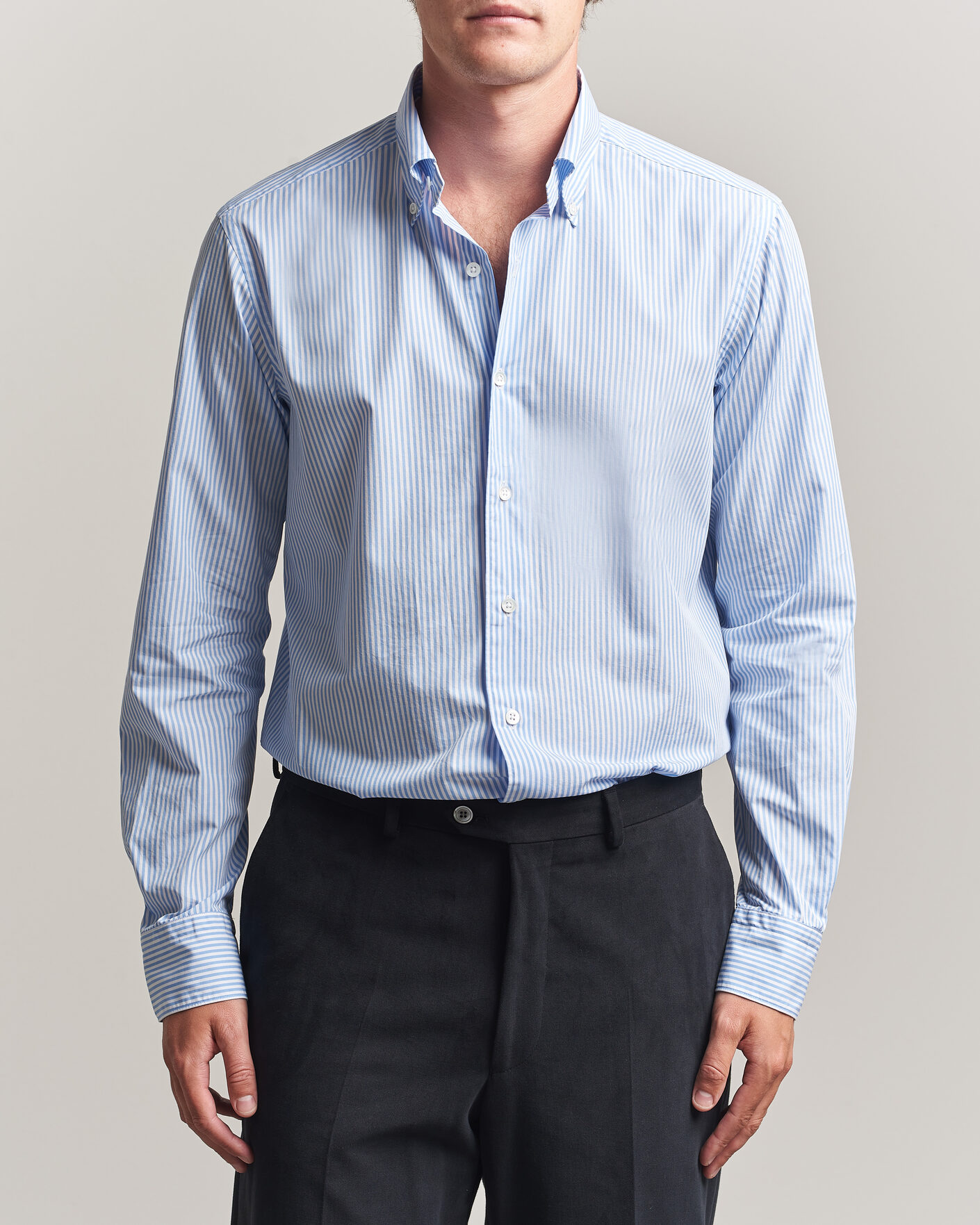 Men | Shirts | Grigio | Popeline Button Down Shirt Light Blue Stripe