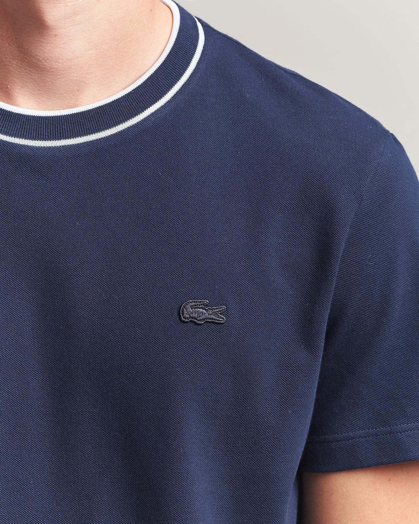 Men | T-Shirts | Lacoste | Contrast Rib Piqué T-Shirt Navy Blue