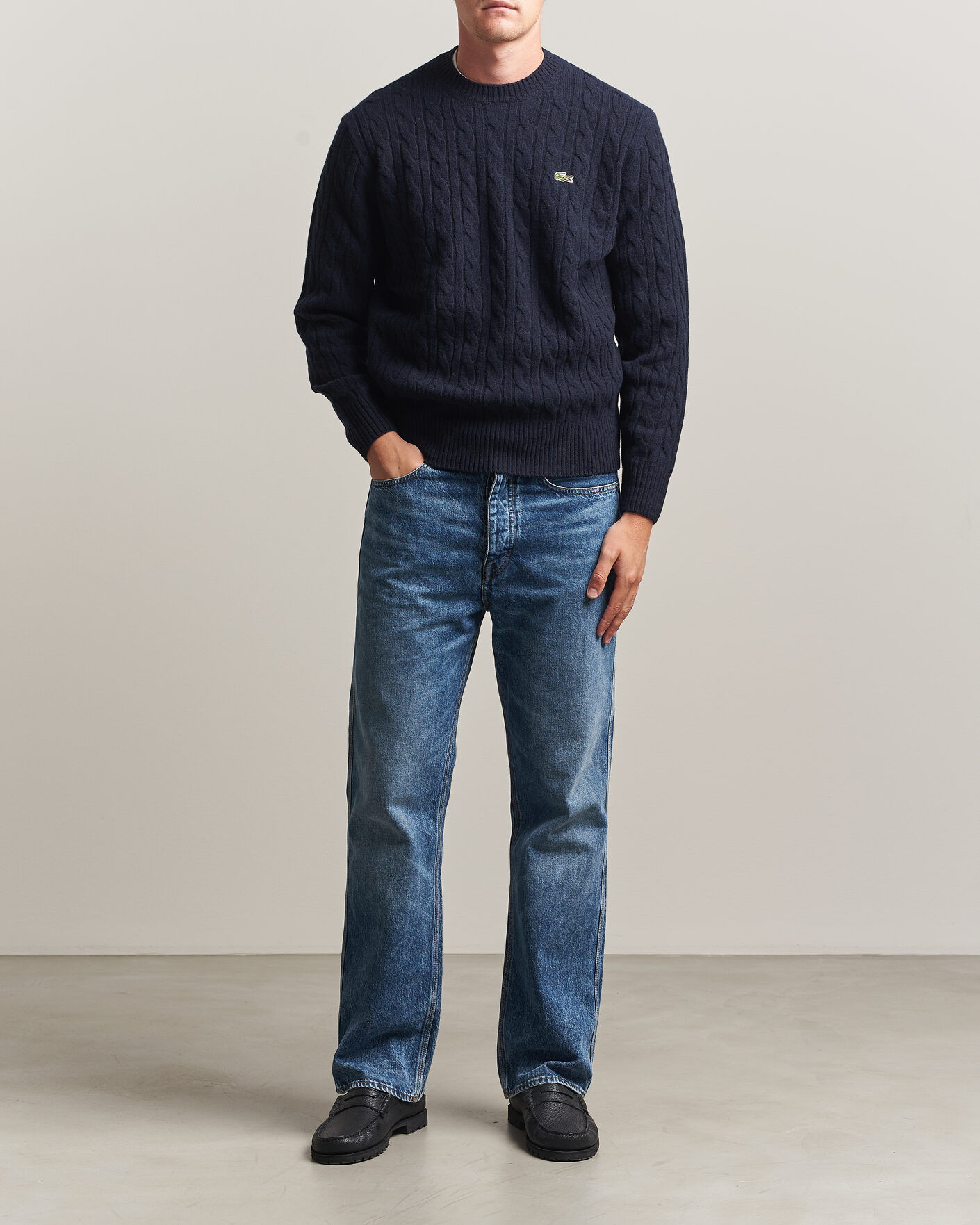 Men | Sweaters & Knitwear | Lacoste | Carded Wool Cable Crew Neck Navy Blue