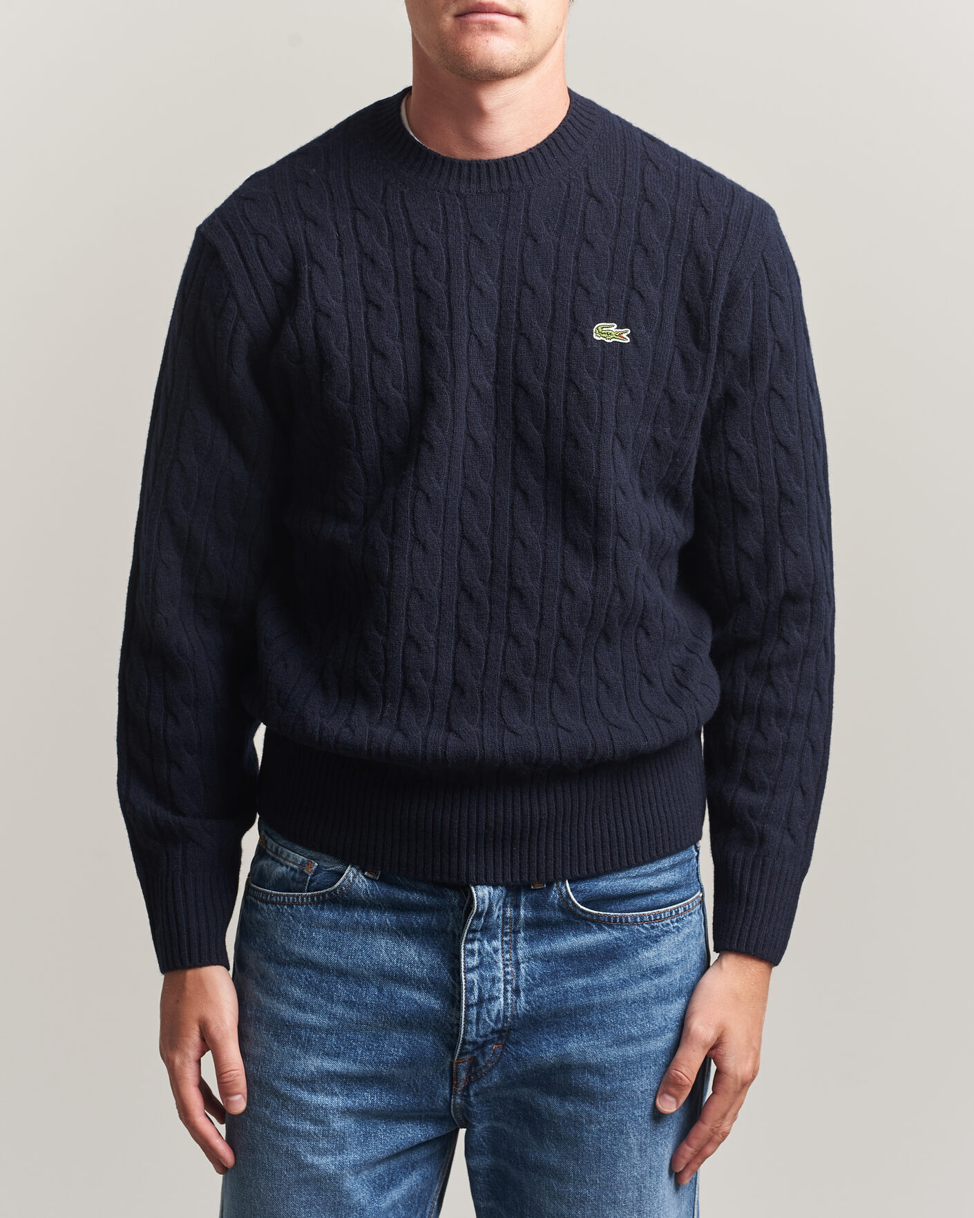 Men | Sweaters & Knitwear | Lacoste | Carded Wool Cable Crew Neck Navy Blue