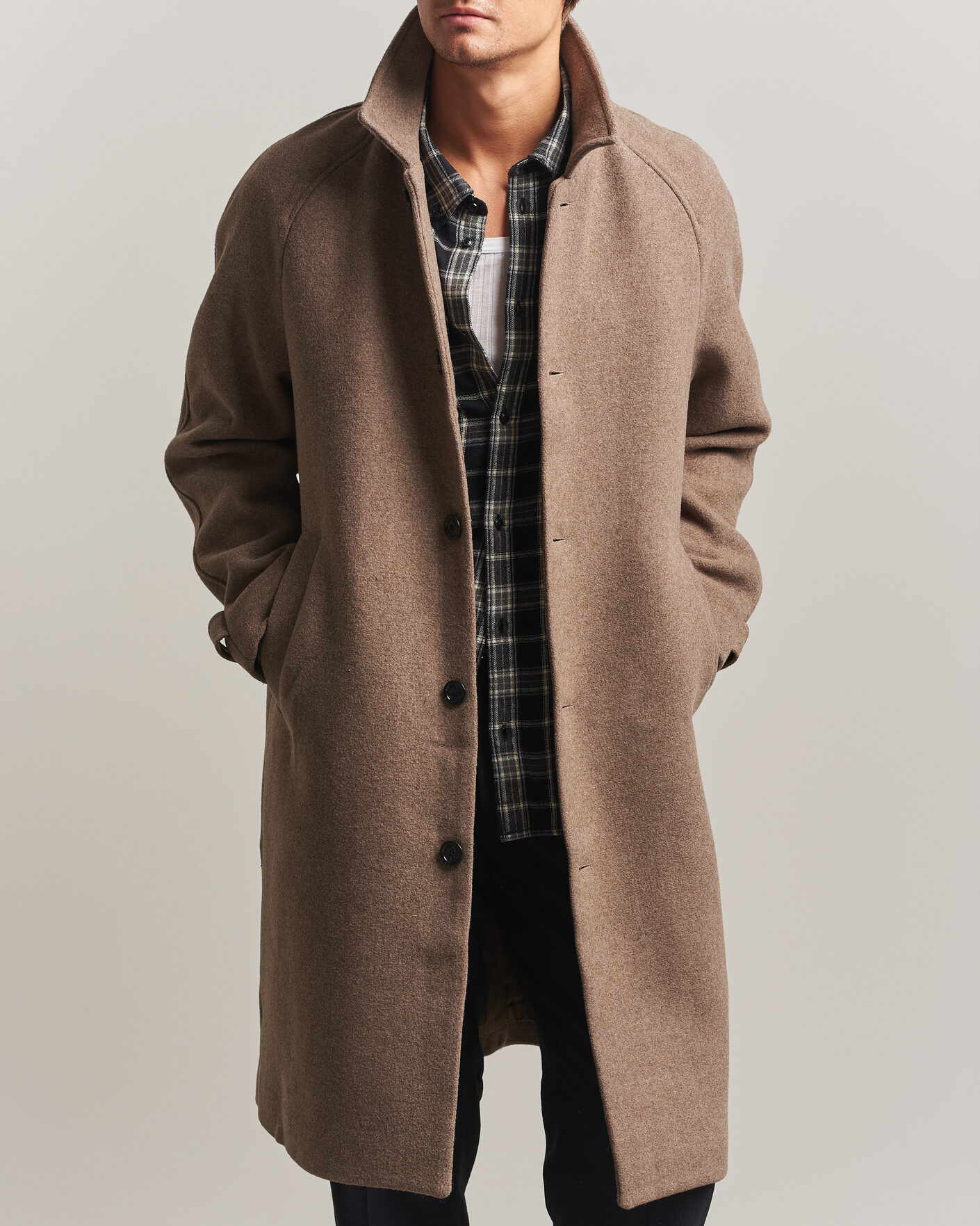 Auralee Wool Tweed Chesterfield Coat Khaki at CareOfCarl.com