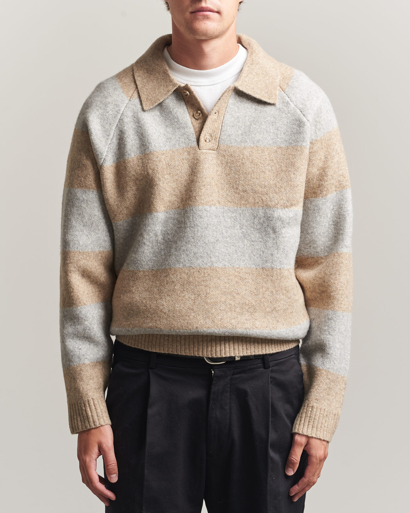 Men | Sweaters & Knitwear | LES DEUX | Striped Melange Knit Polo Light Sand Melange