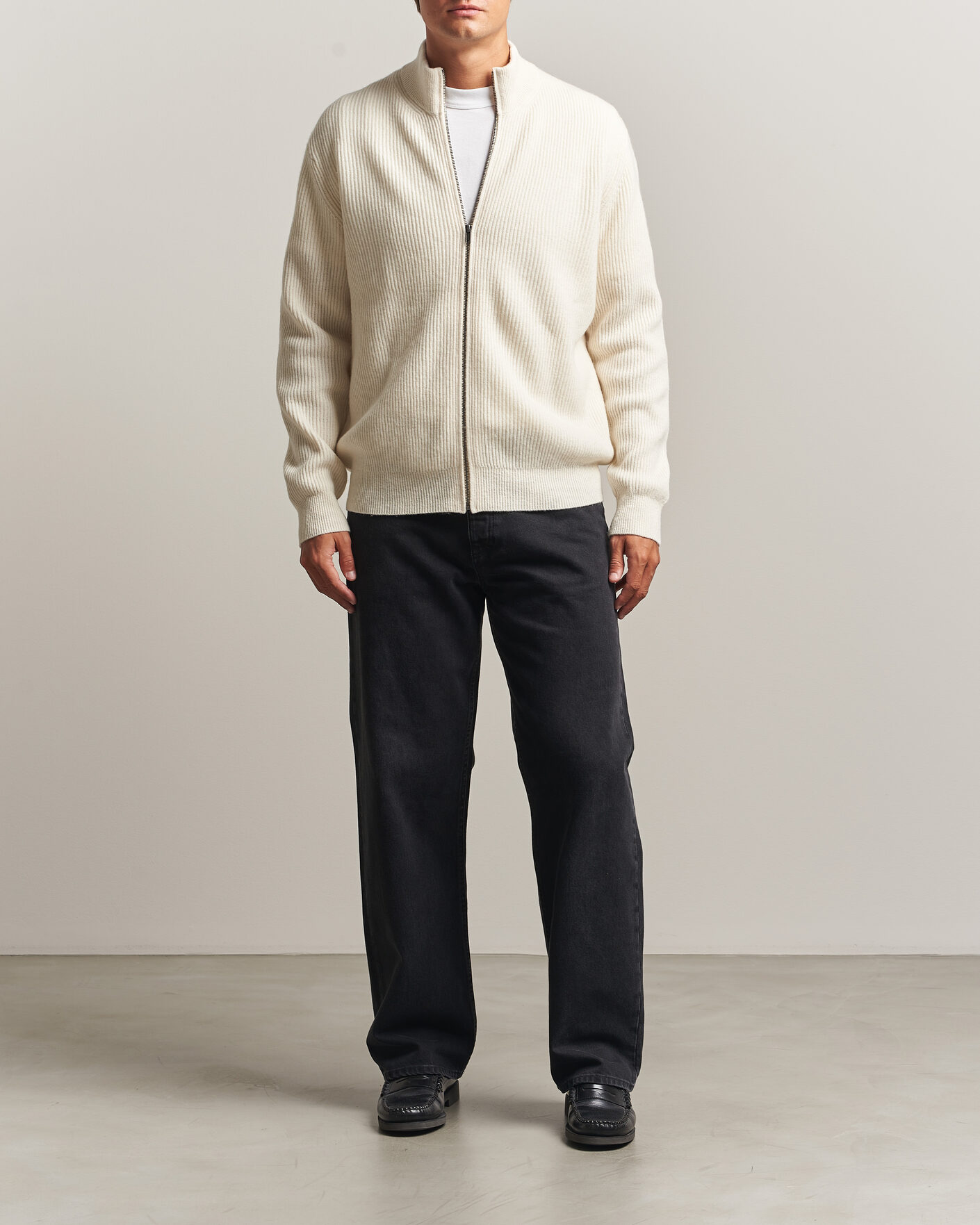 Men | Sweaters & Knitwear | LES DEUX | Wool Rib Zipper Knit Ivory Melange