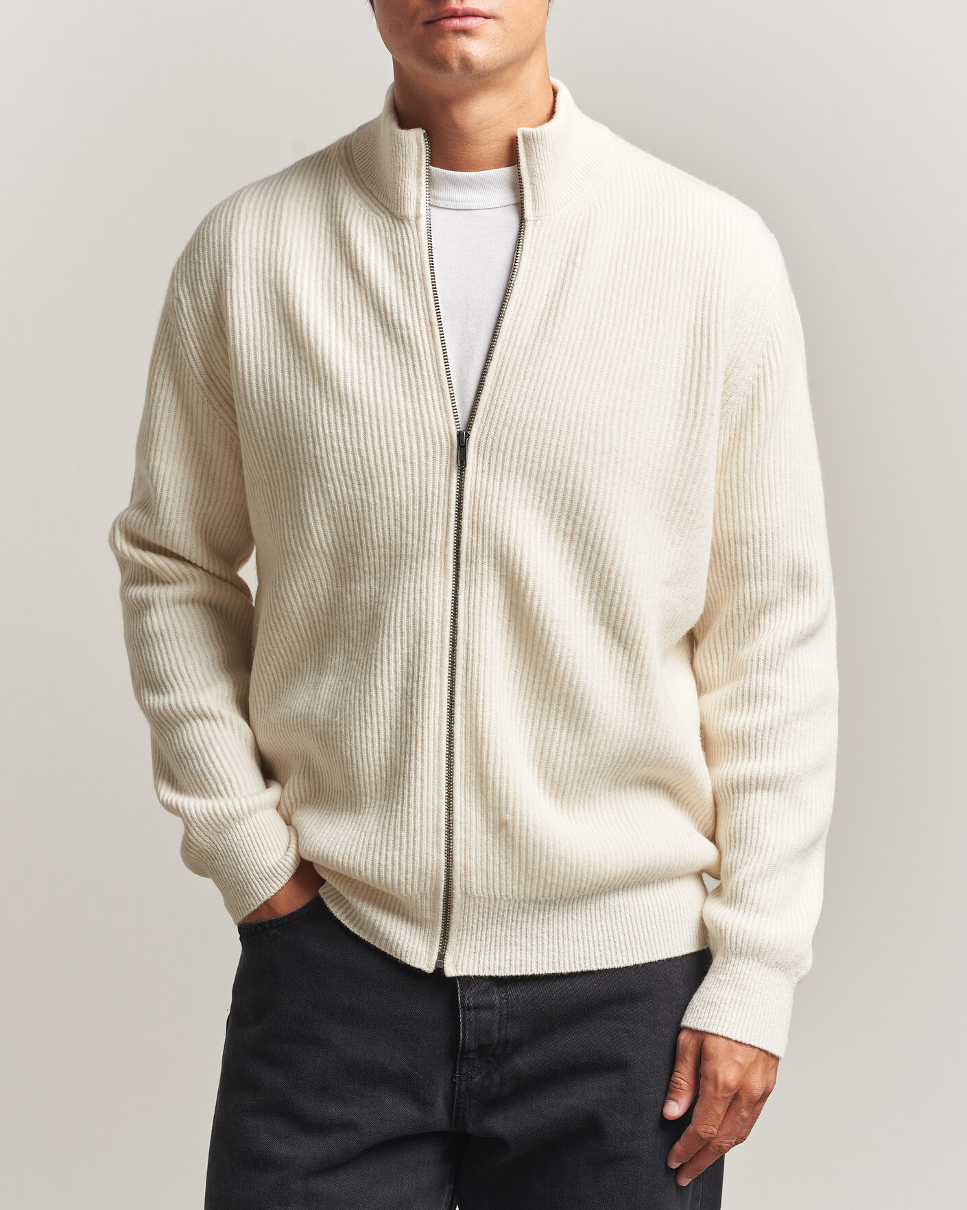 Men | Sweaters & Knitwear | LES DEUX | Wool Rib Zipper Knit Ivory Melange