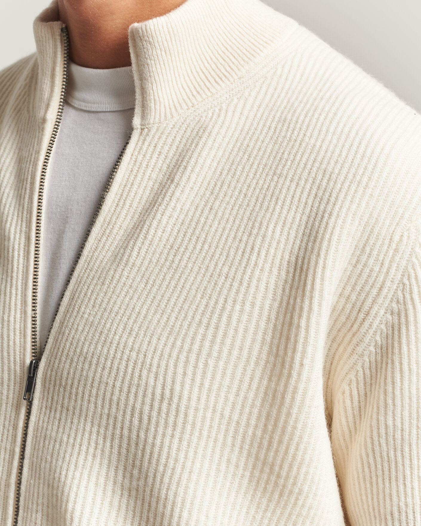 Men | Sweaters & Knitwear | LES DEUX | Wool Rib Zipper Knit Ivory Melange