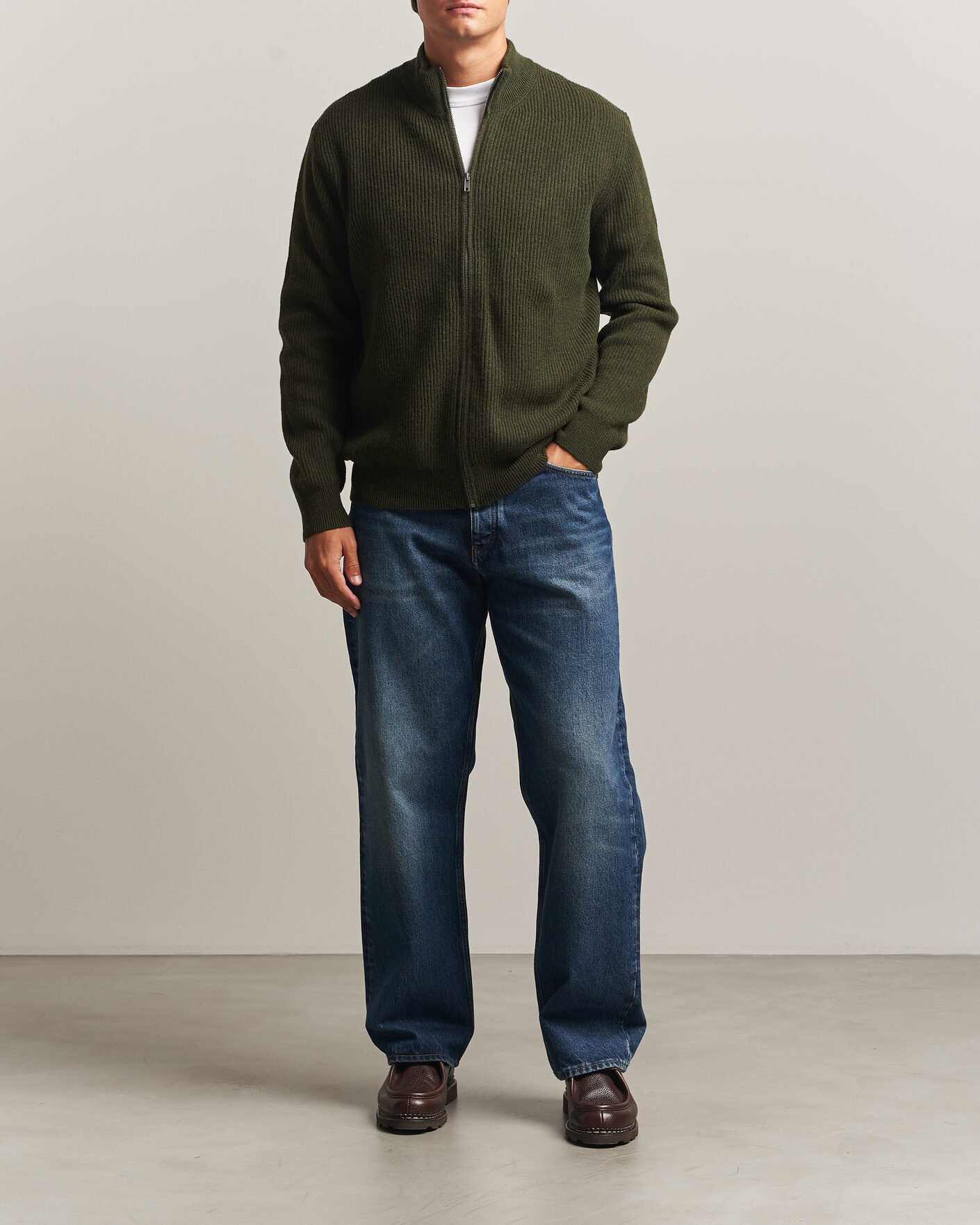 Men | Sweaters & Knitwear | LES DEUX | Wool Rib Knitter Zip Rosin Green