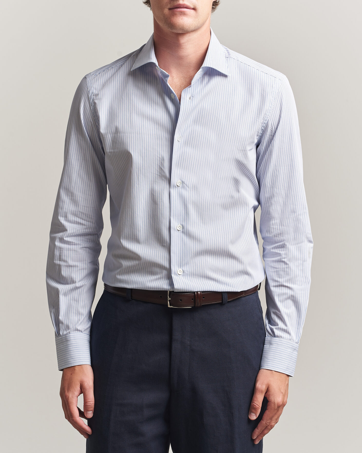 Men | Shirts | Mazzarelli | Soft Cotton Popeline Shirt Blue Stripe