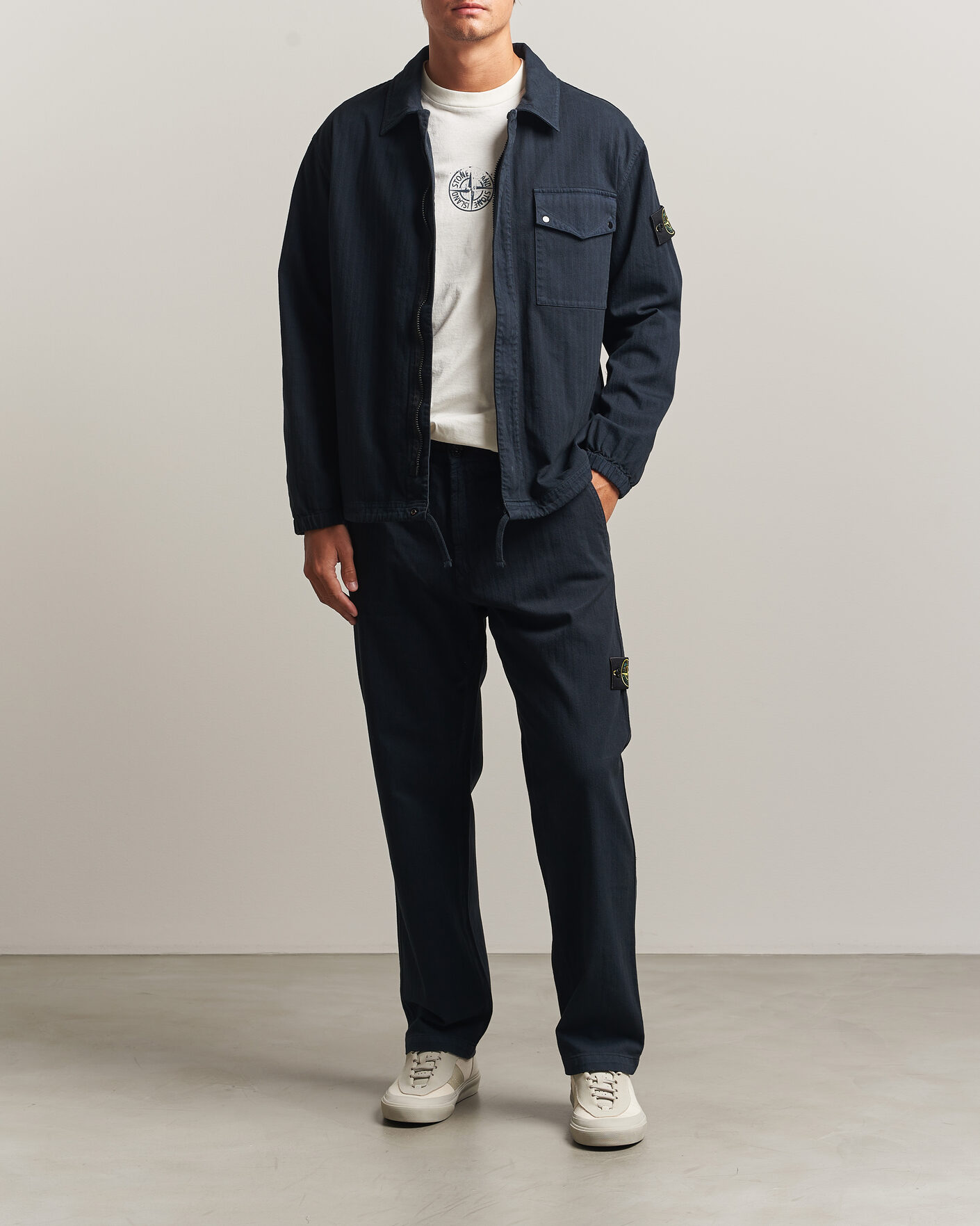 Men | Shirts | Stone Island | Garment Dyed Cotton Herringbone Overshirt Navy Blue