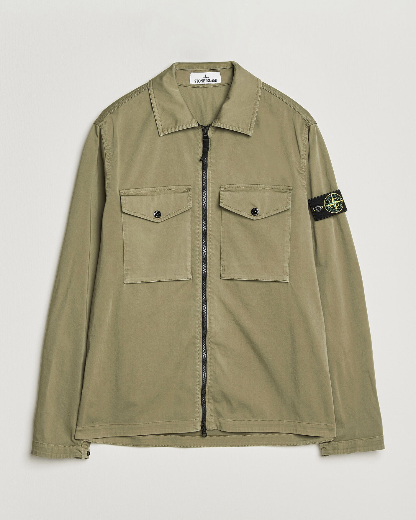 Men | Shirts | Stone Island | Organic Cotton Satin Stretch Zip Overshirt Miltary Green